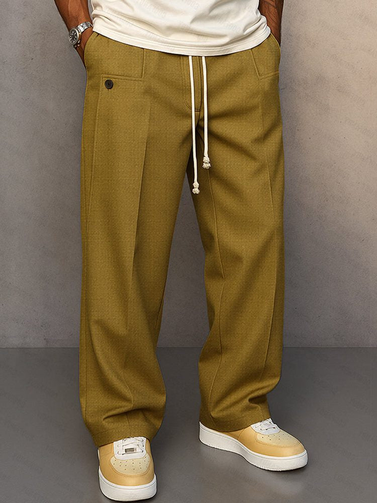 Bukser med brede lige ben og kontrastsnor i taljen - Khaki #Farve_Khaki