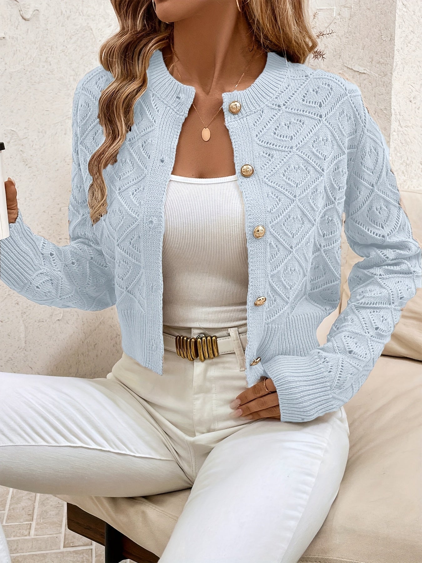 Cardigans med geometriske ruder og blanke runde knapper - Lyseblå #Farve_Lyseblå