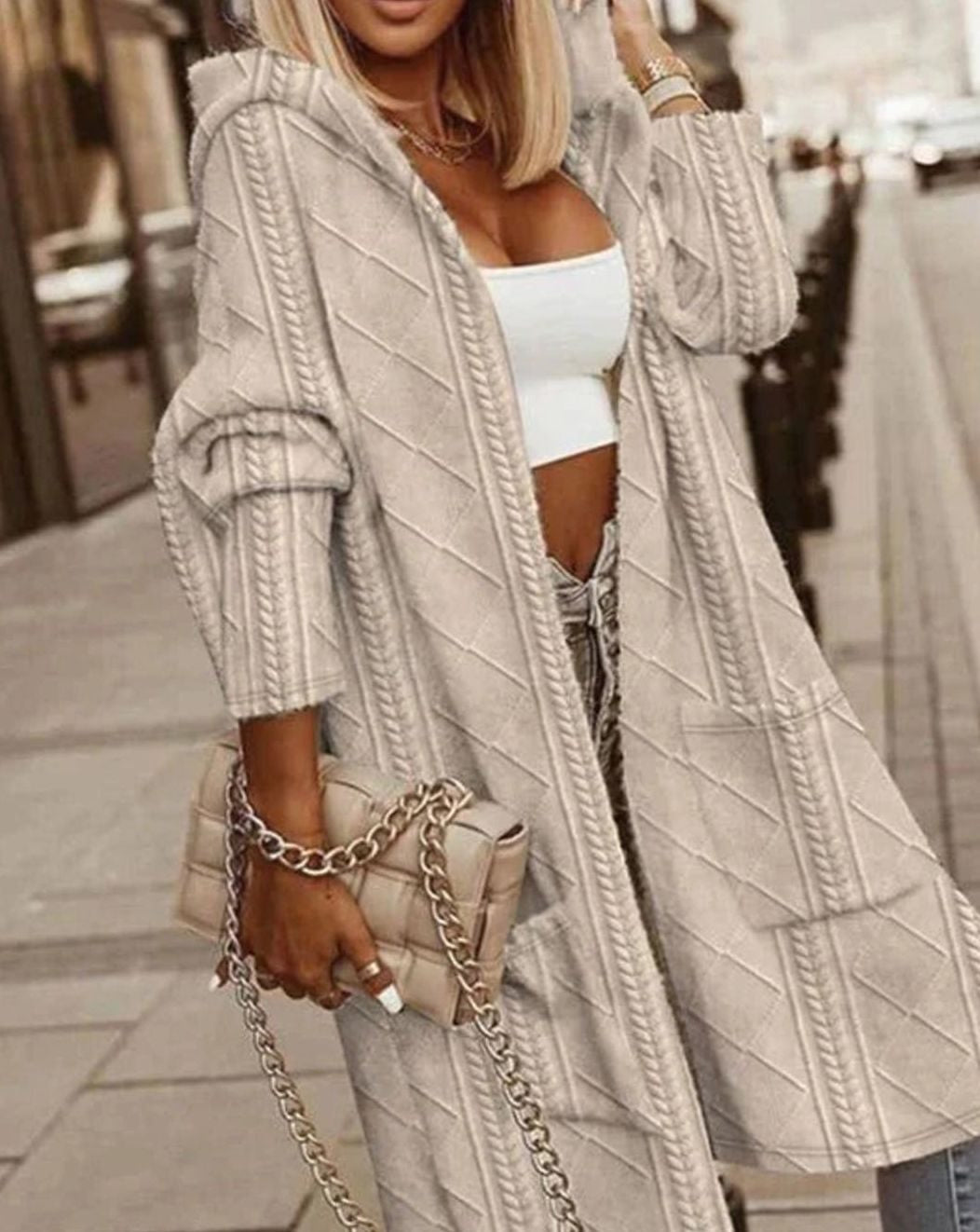 Cardigans med hætte, lange forstykker og mønsterstrik - Beige #Farve_Beige