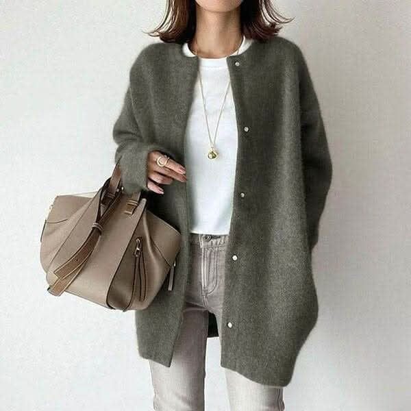 Cardigans med rund hals, små knapper og lang front - Grå #Farve_Grå