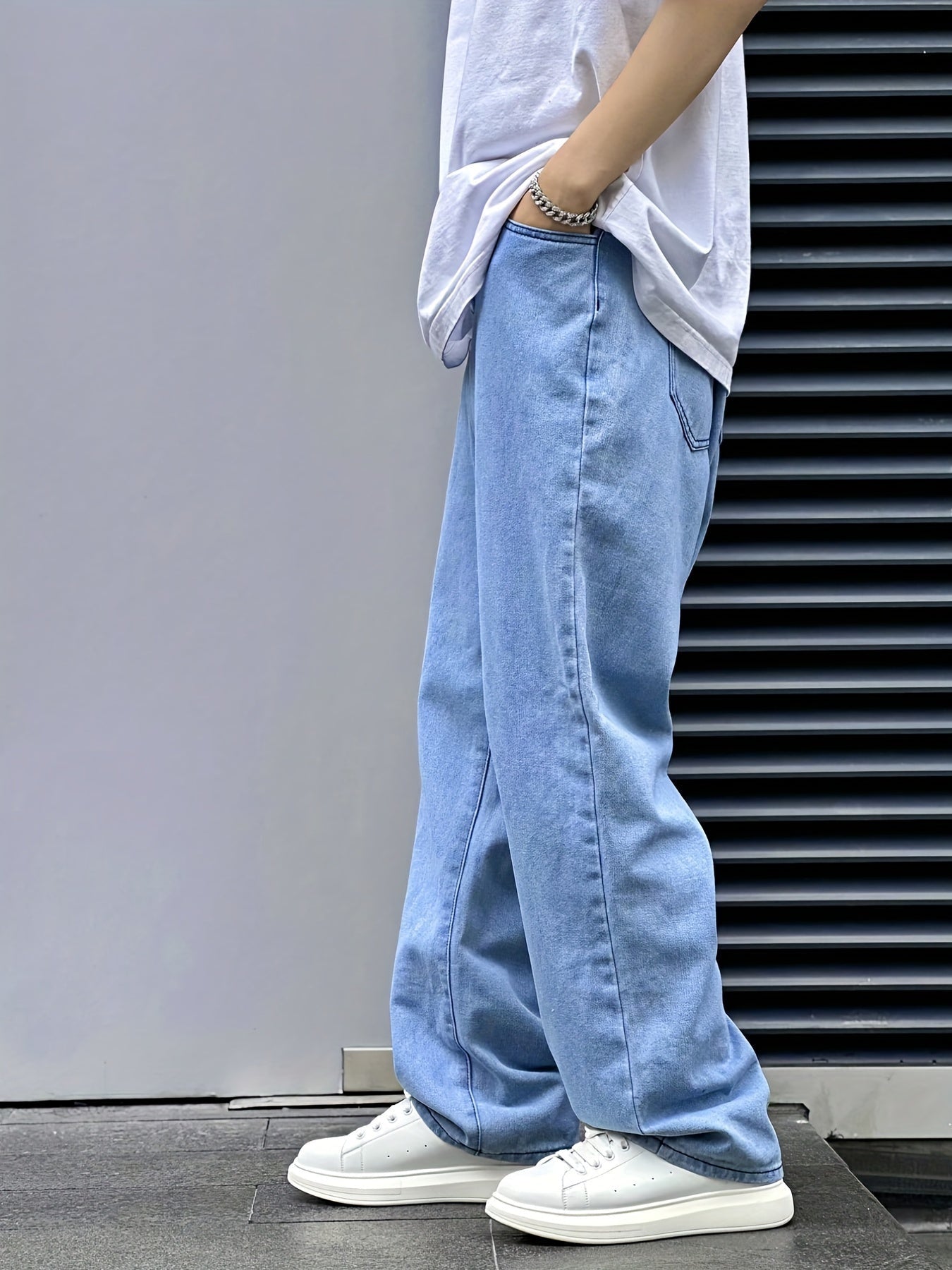 Bukser med brede ben, lange sømme og lyst denimlook - Lyseblå #Farve_Lyseblå