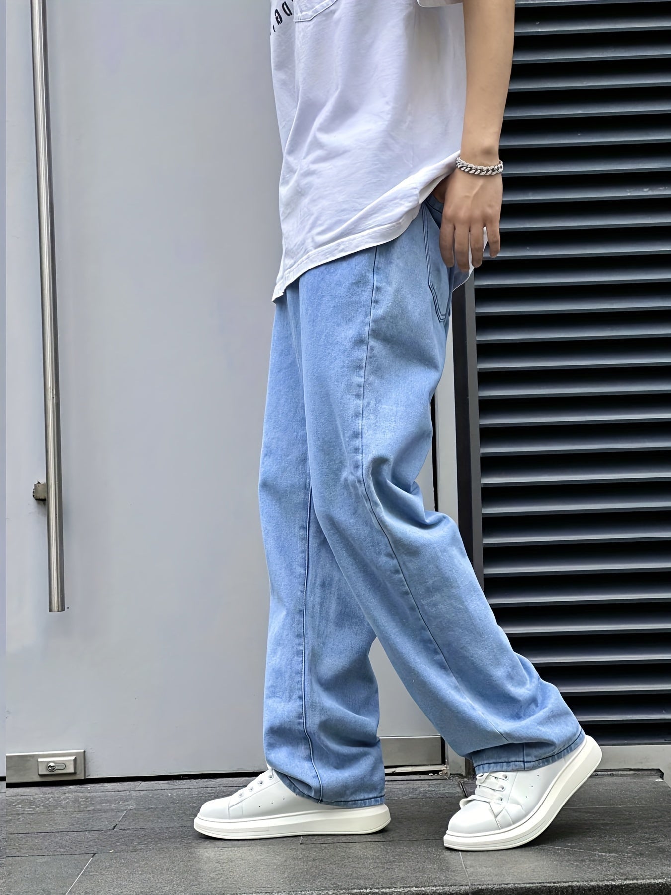 Bukser med brede ben, lange sømme og lyst denimlook - Lyseblå #Farve_Lyseblå