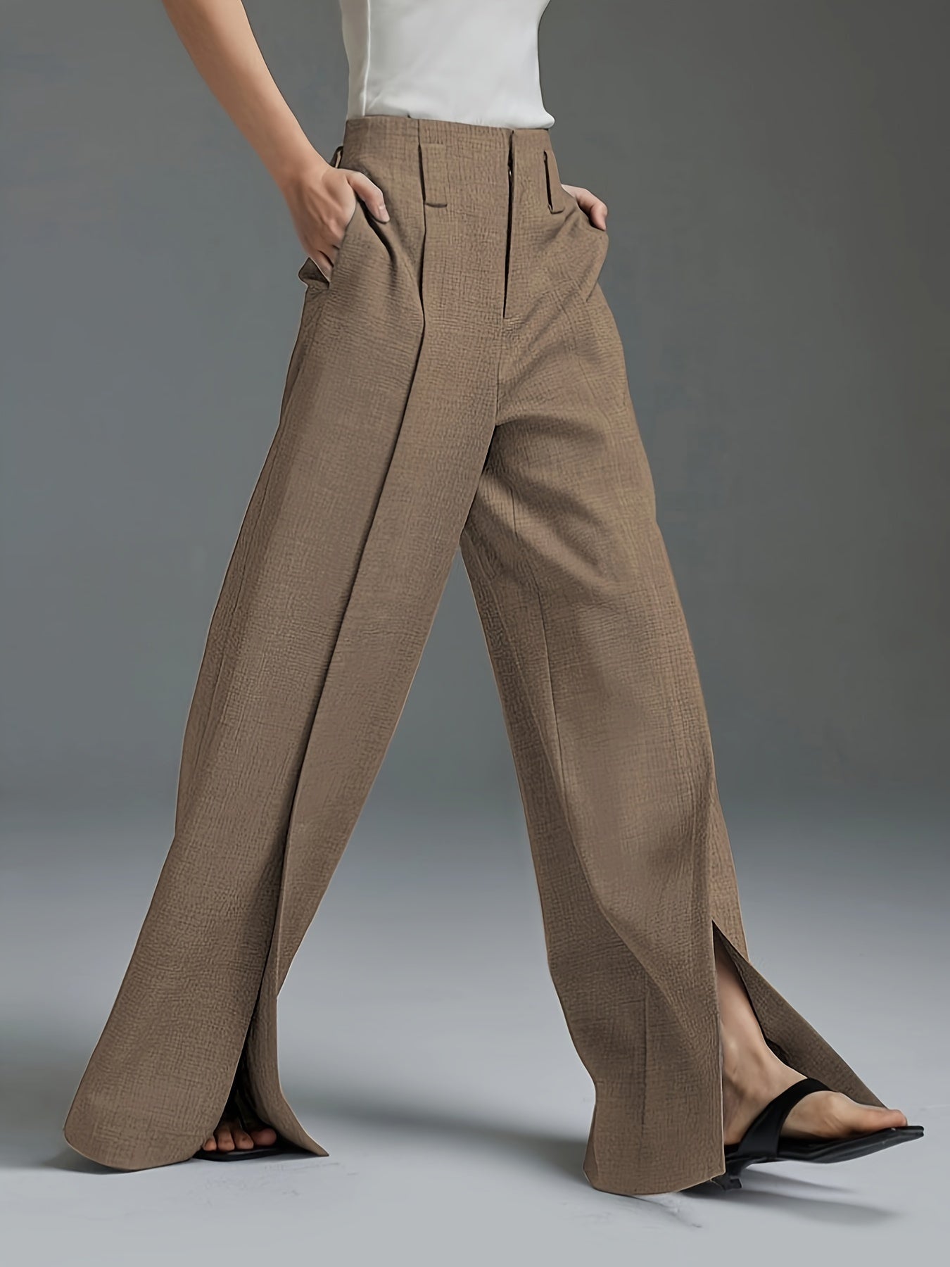 Bukser med lange slidser foran, læg og brede ben - Khaki #Farve_Khaki