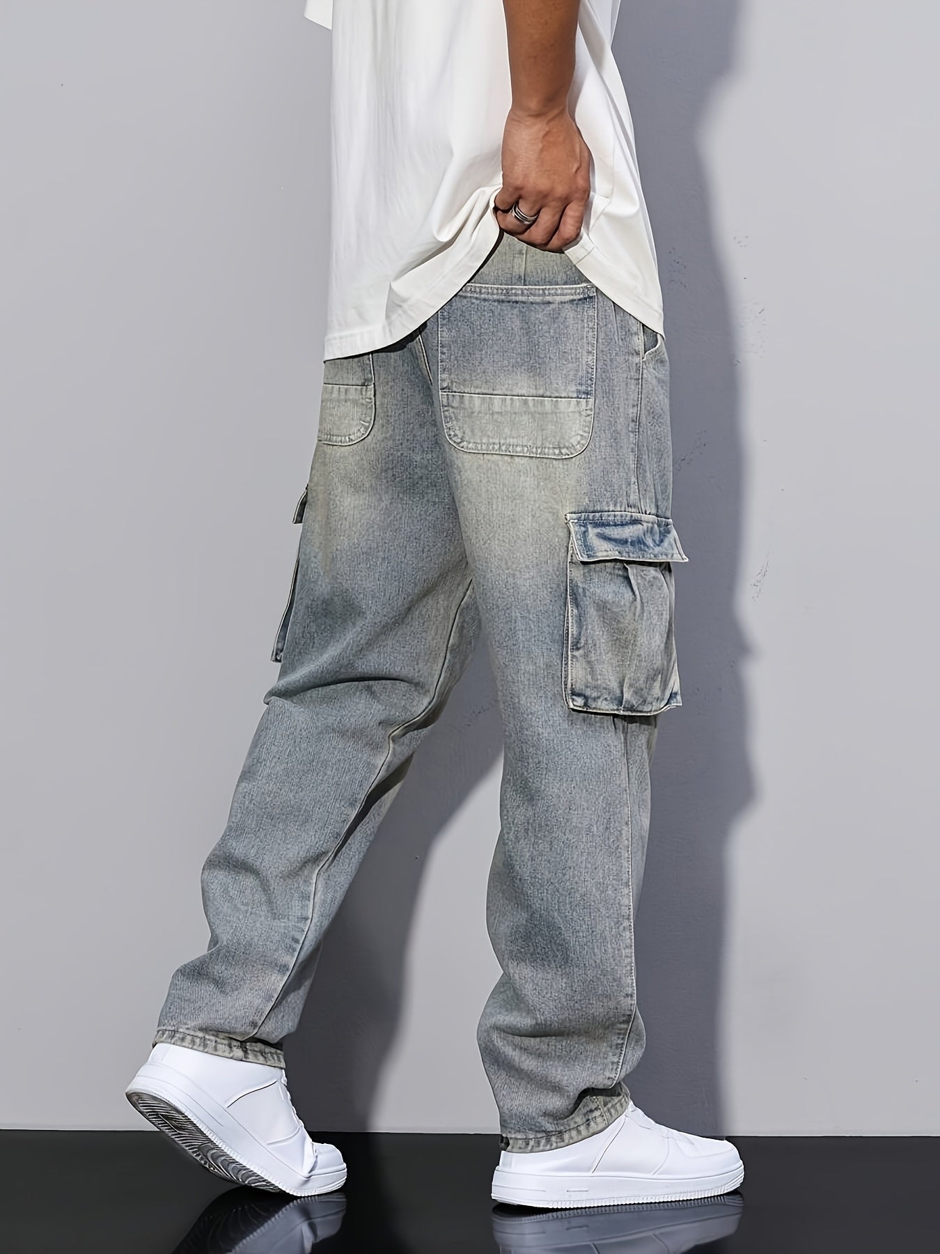 Bukser med store cargolommer, denimlook og lige ben - Havblå #Farve_Havblå