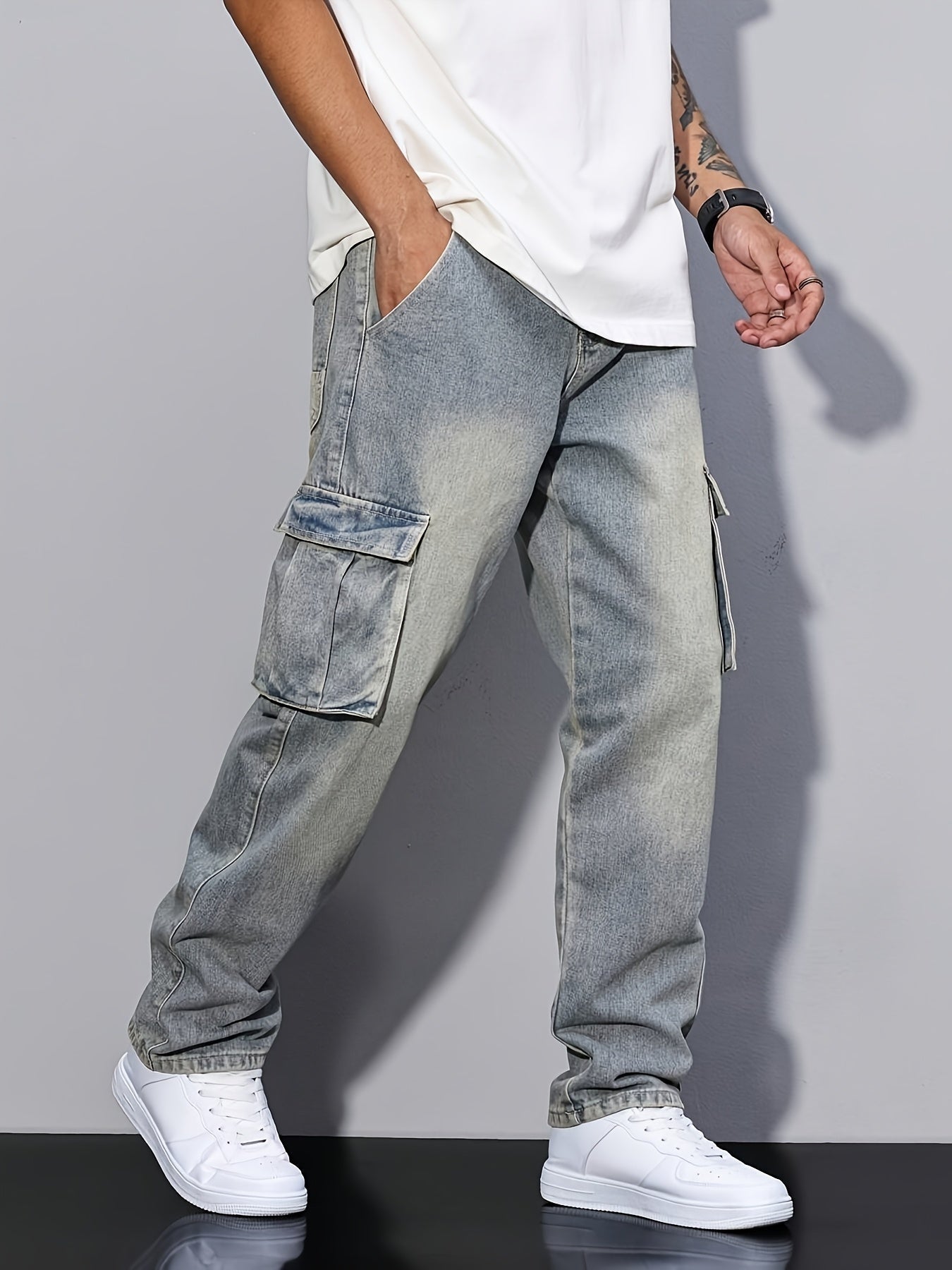 Bukser med store cargolommer, denimlook og lige ben - Havblå #Farve_Havblå