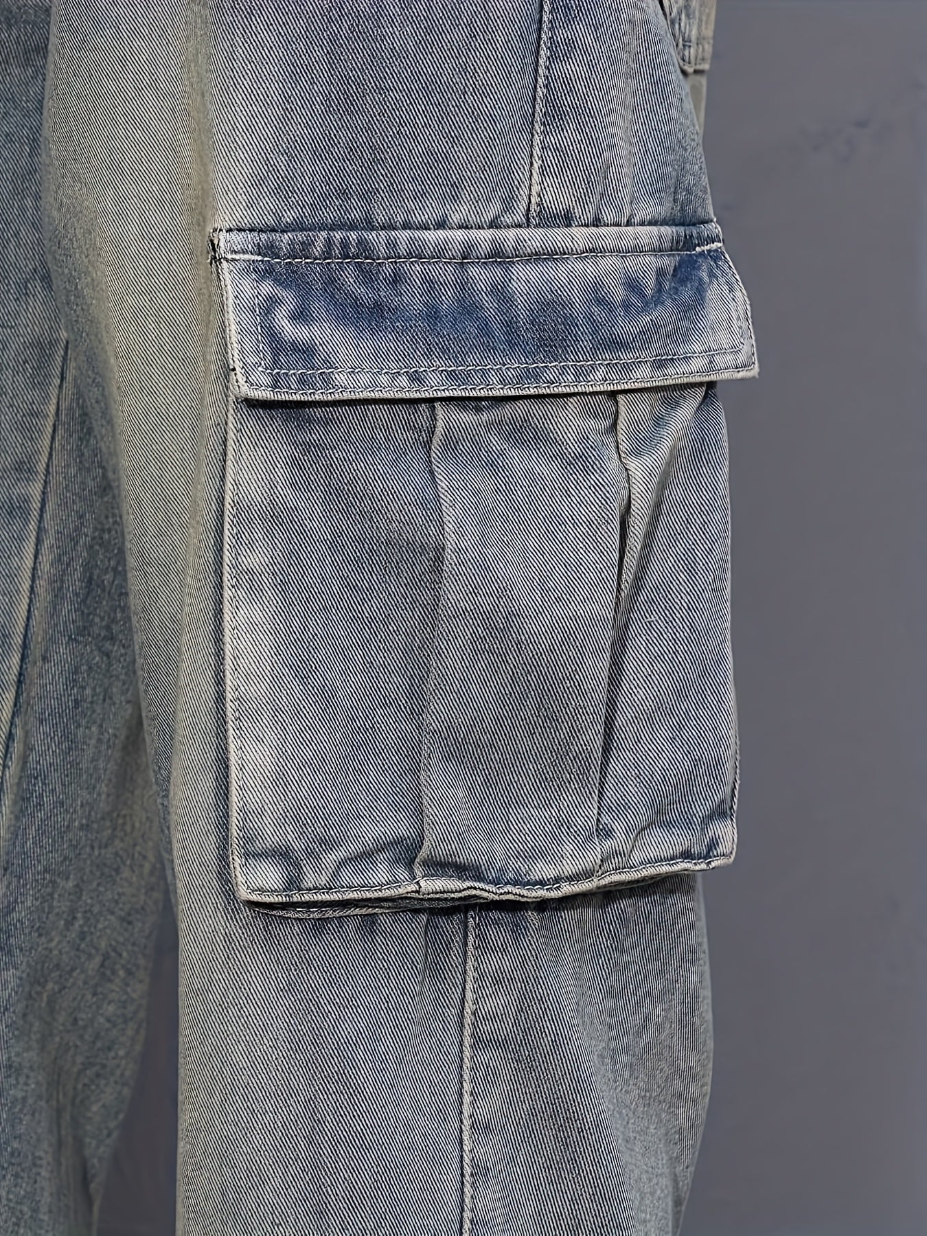 Bukser med store cargolommer, denimlook og lige ben - Havblå #Farve_Havblå