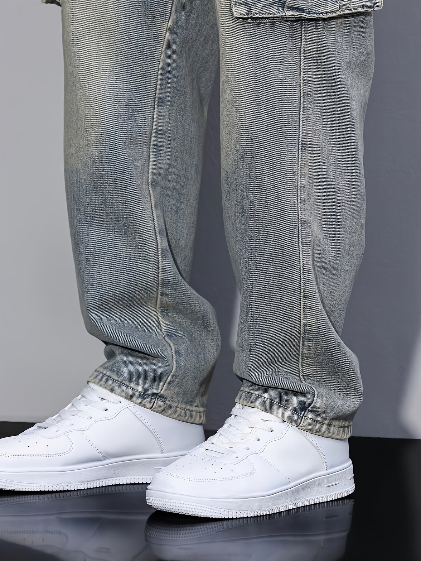 Bukser med store cargolommer, denimlook og lige ben - Havblå #Farve_Havblå
