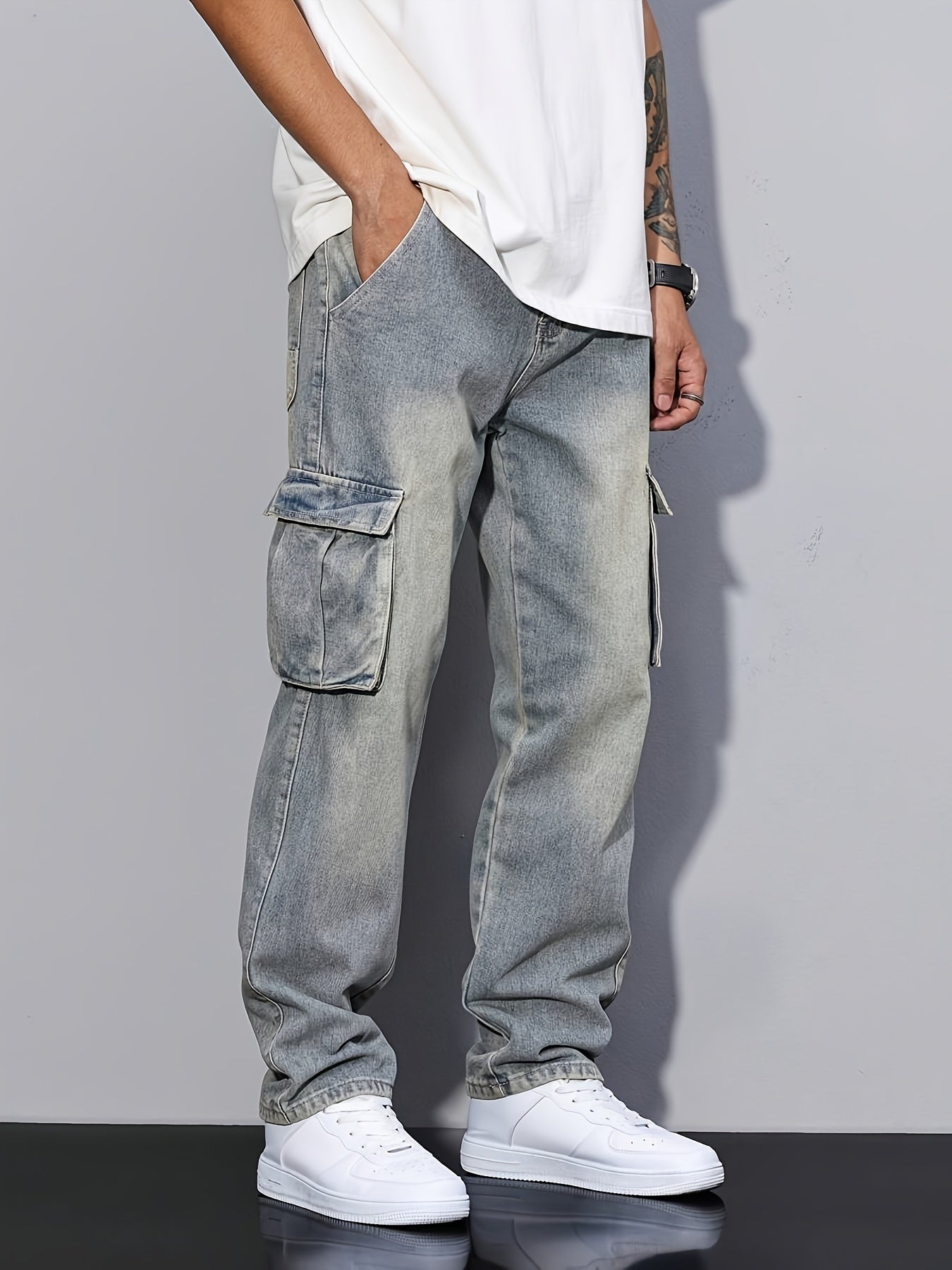 Bukser med store cargolommer, denimlook og lige ben - Havblå #Farve_Havblå