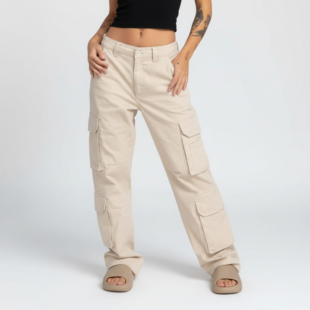 Bukser med store cargolommer og lange snøredetaljer - Beige #Farve_Beige
