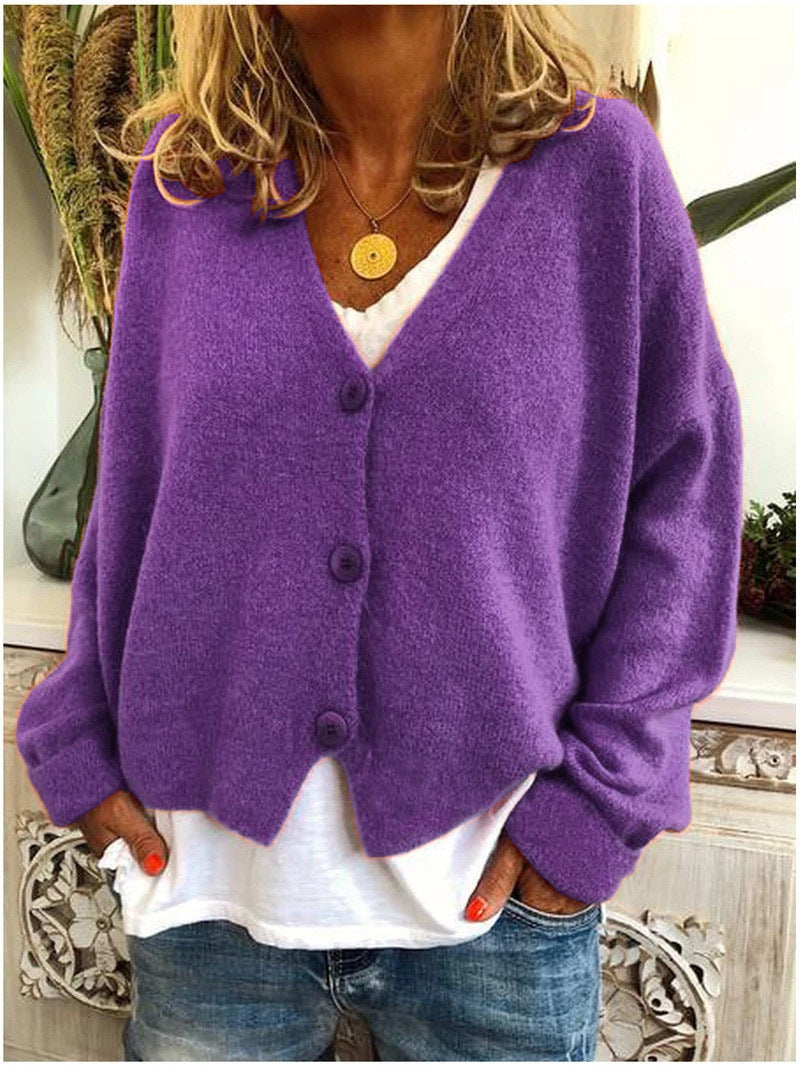 Cardigans med brede ærmer og tre store frontknapper - Lilla #Farve_Lilla