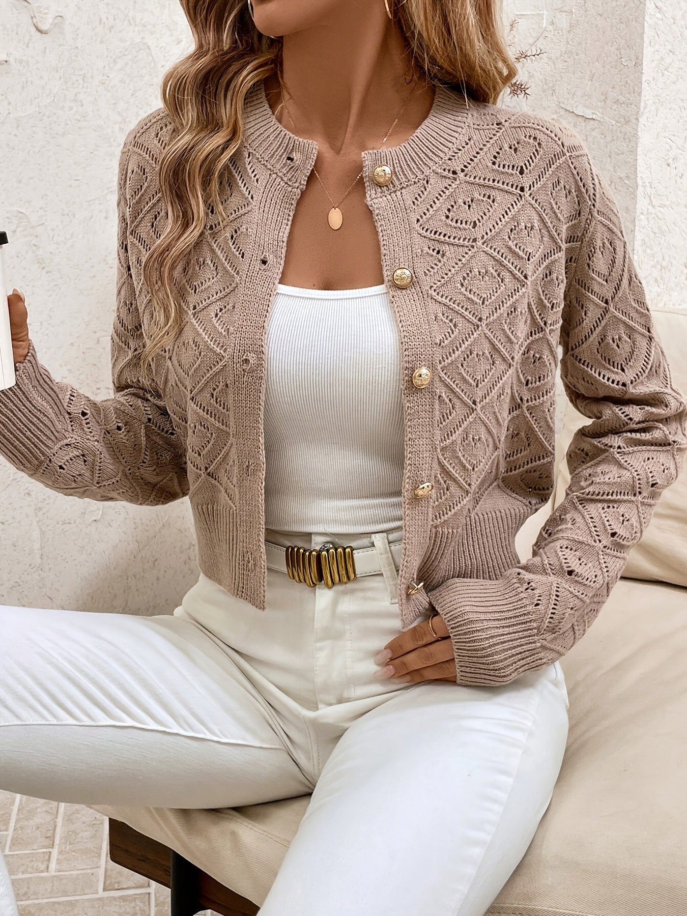 Cardigans med geometriske ruder og blanke runde knapper - Khaki #Farve_Khaki