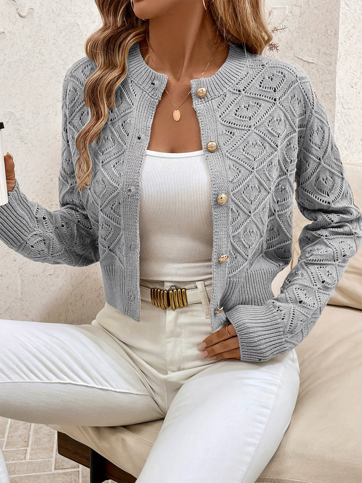 Cardigans med geometriske ruder og blanke runde knapper - Grå #Farve_Grå