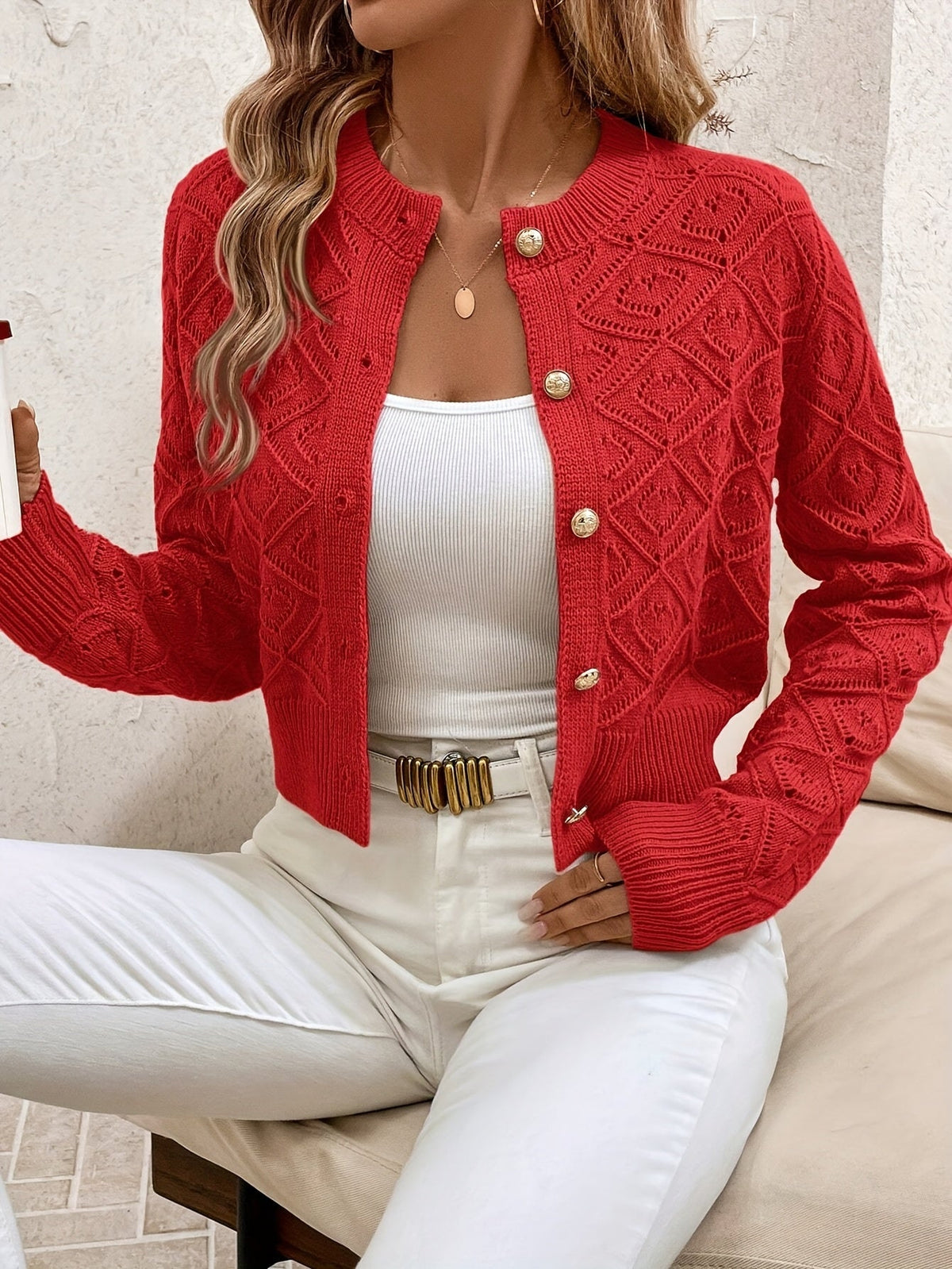 Cardigans med geometriske ruder og blanke runde knapper - Rød #Farve_Rød