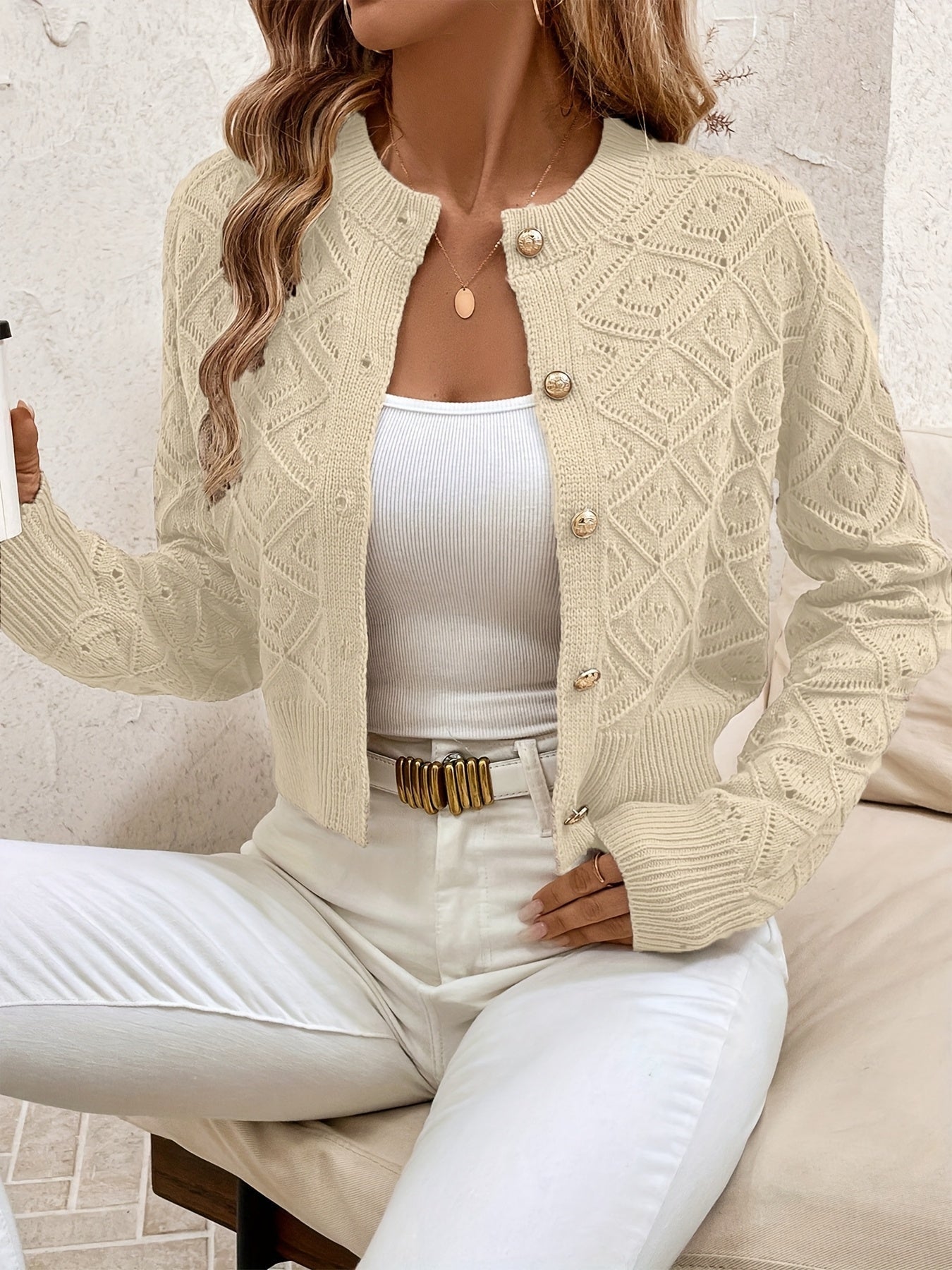 Cardigans med geometriske ruder og blanke runde knapper - Beige #Farve_Beige