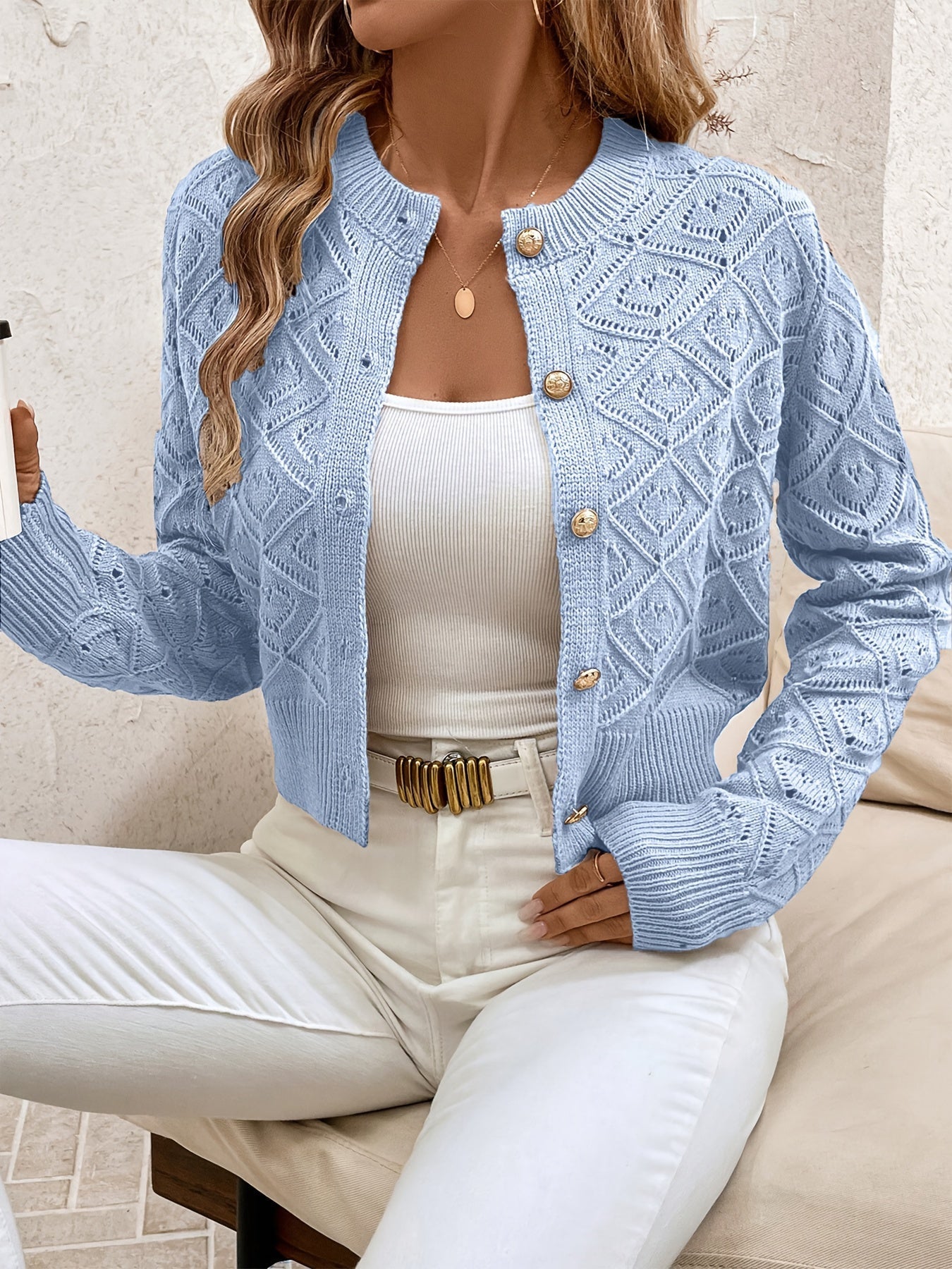 Cardigans med geometriske ruder og blanke runde knapper - Blå #Farve_Blå