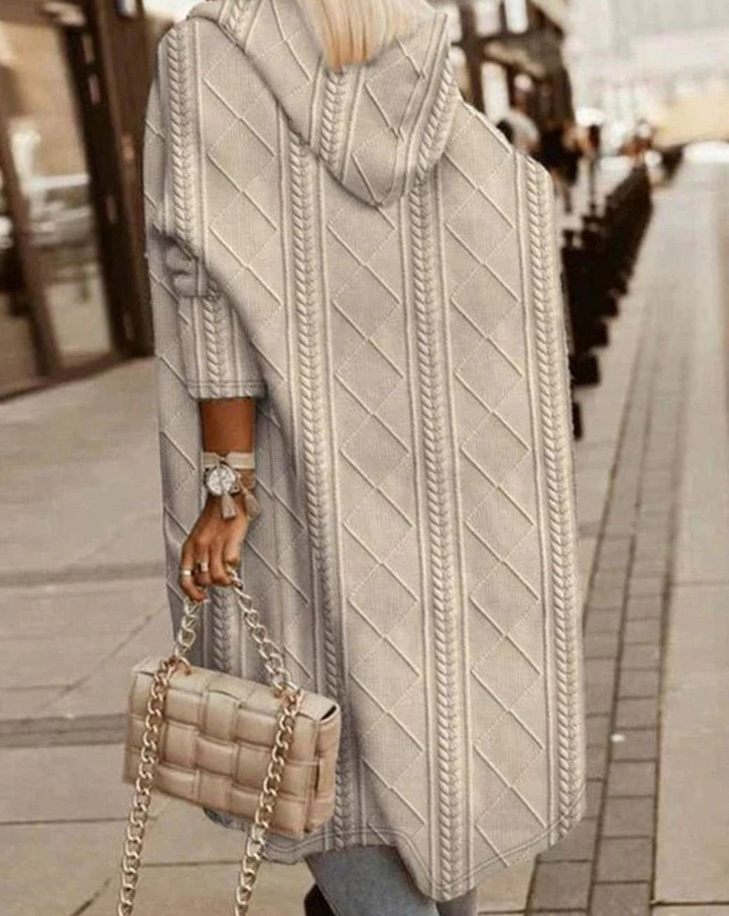 Cardigans med hætte, lange forstykker og mønsterstrik - Beige #Farve_Beige