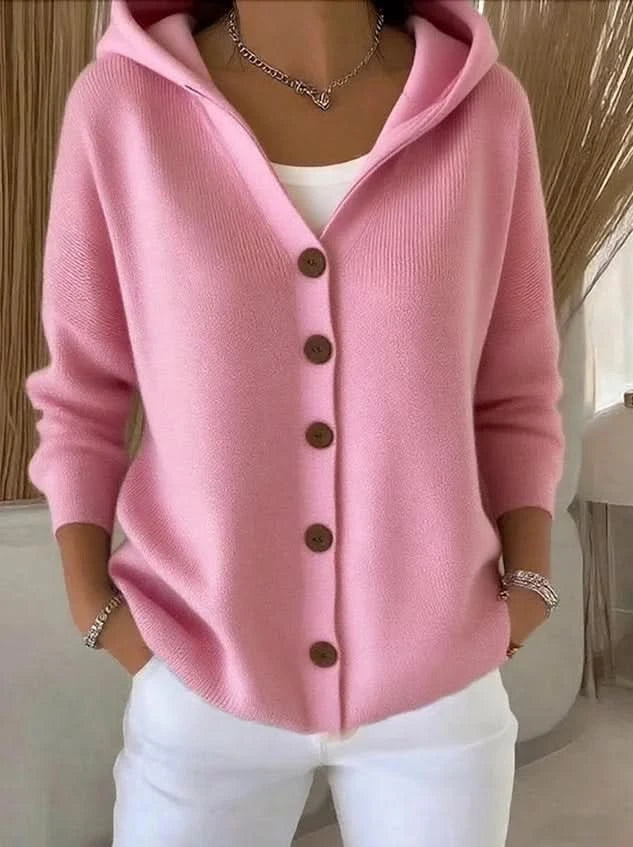 Cardigans med hætte, store knapper og rib ved ærmerne - Pink #Farve_Pink
