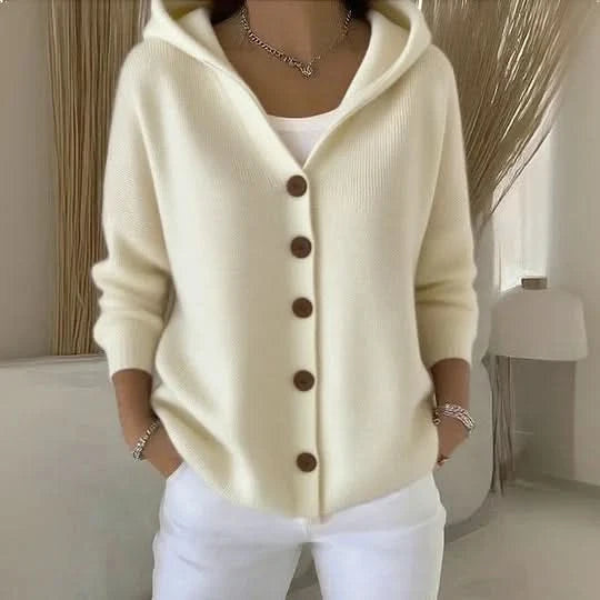 Cardigans med hætte, store knapper og rib ved ærmerne - Beige #Farve_Beige