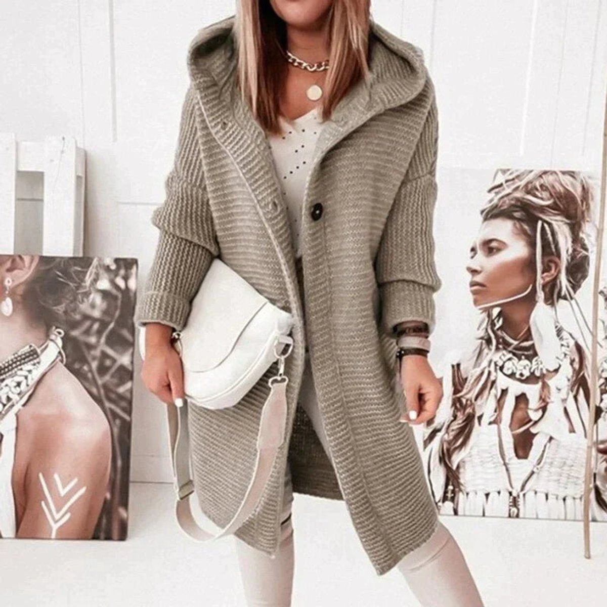 Cardigans med lang ribstrikket krop og stor hætte - Beige #Farve_Beige