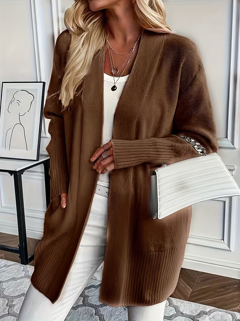 Cardigans med lange ribmanchetter og åbne forkanter - Brun #Farve_Brun