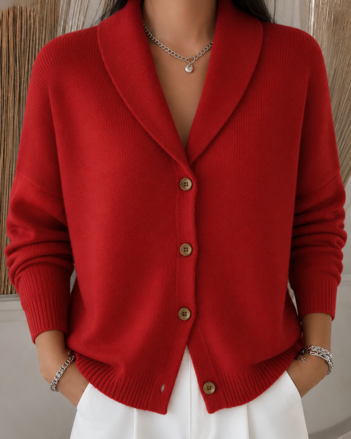 Cardigans med nedliggende krave og brune frontknapper - Rød #Farve_Rød