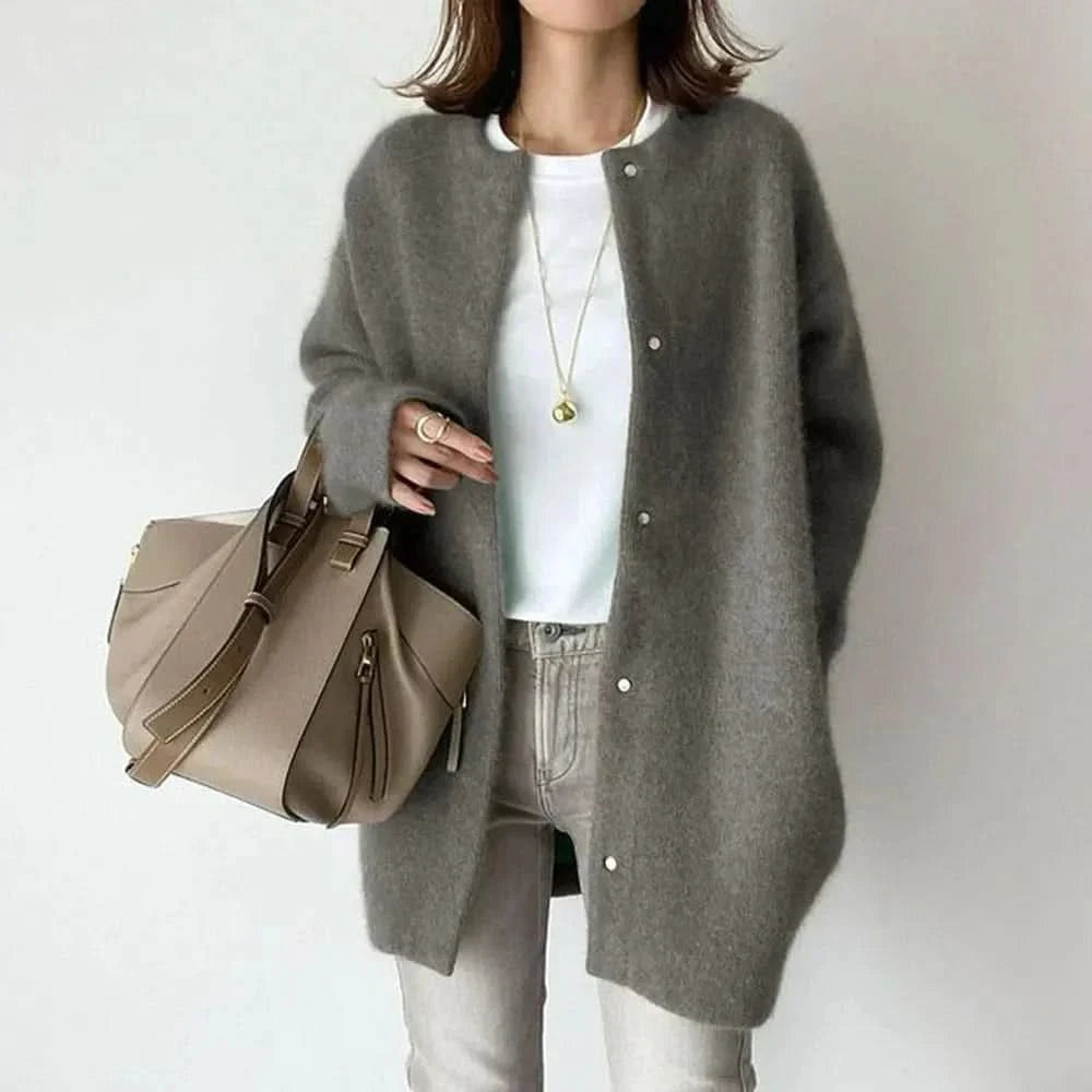 Cardigans med rund hals, små knapper og lang front - Grå #Farve_Grå