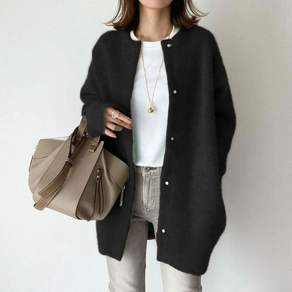 Cardigans med rund hals, små knapper og lang front - Sort #Farve_Sort