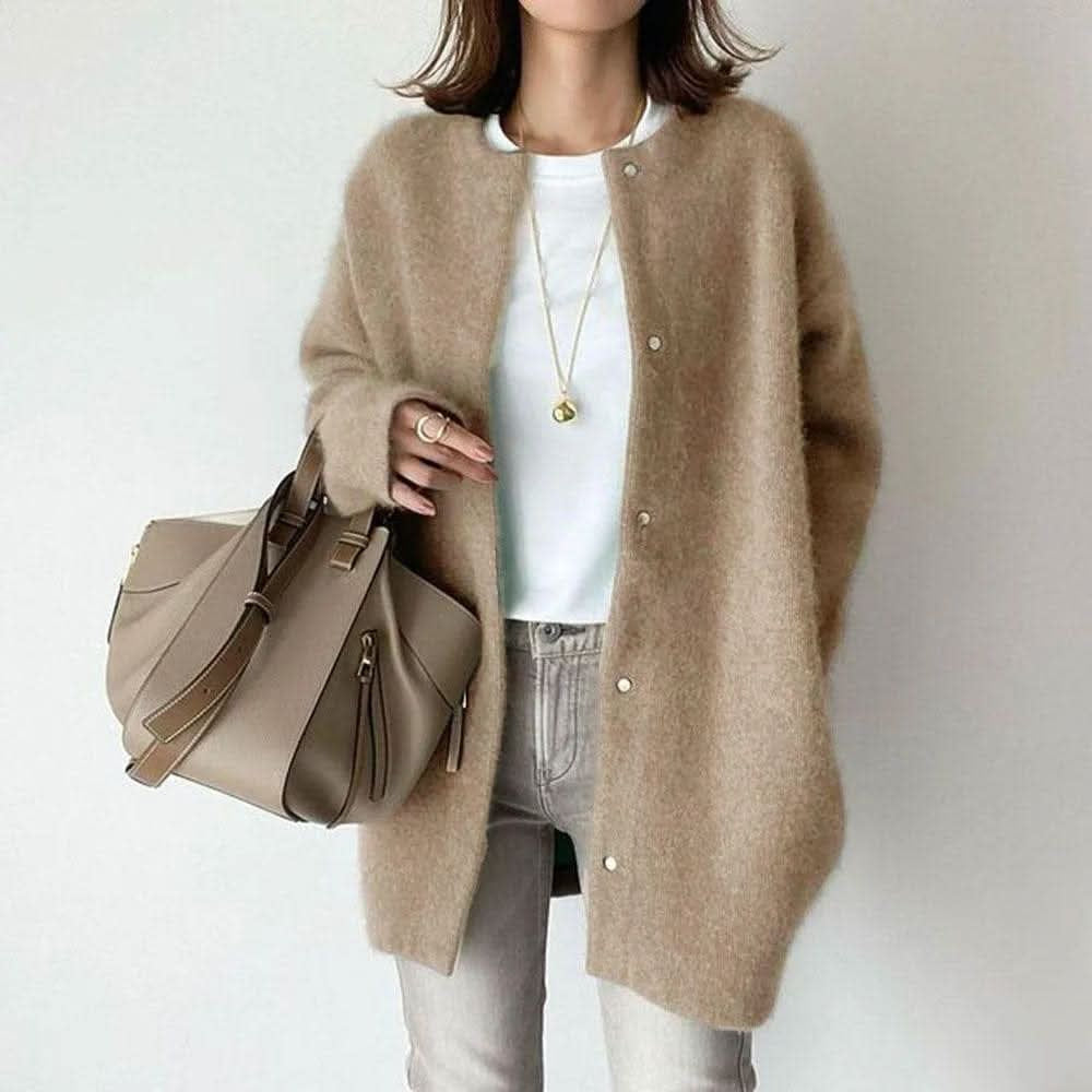 Cardigans med rund hals, små knapper og lang front - Camel #Farve_Camel