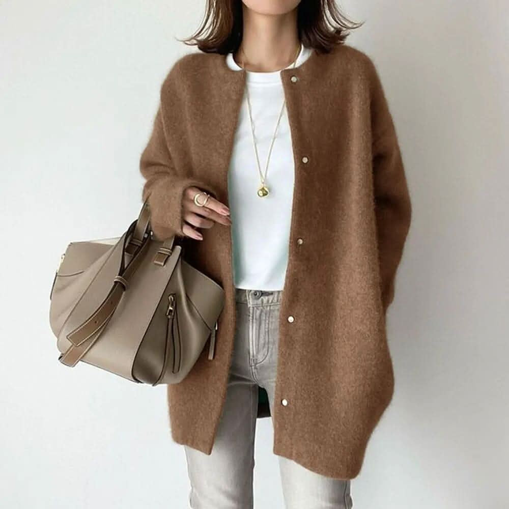 Cardigans med rund hals, små knapper og lang front - Brun #Farve_Brun