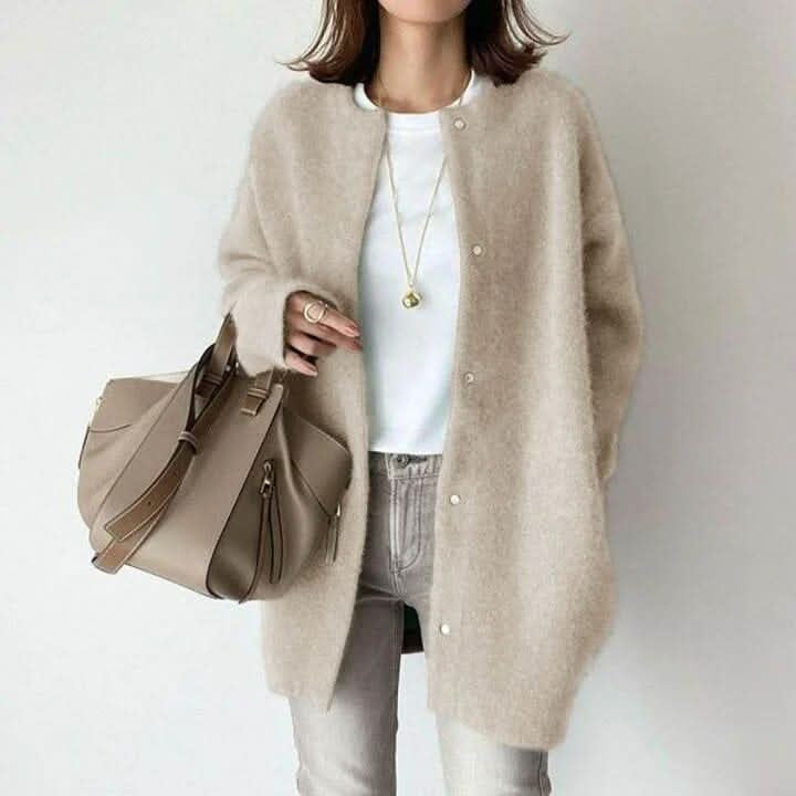 Cardigans med rund hals, små knapper og lang front - Creme #Farve_Creme