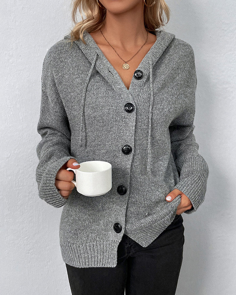 Cardigans med snørehætte og store kontrastknapper - Grå #Farve_Grå