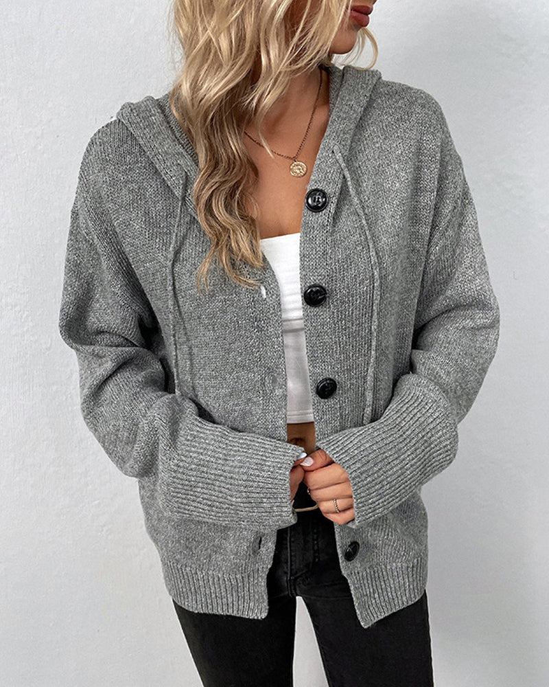 Cardigans med snørehætte og store kontrastknapper - Grå #Farve_Grå