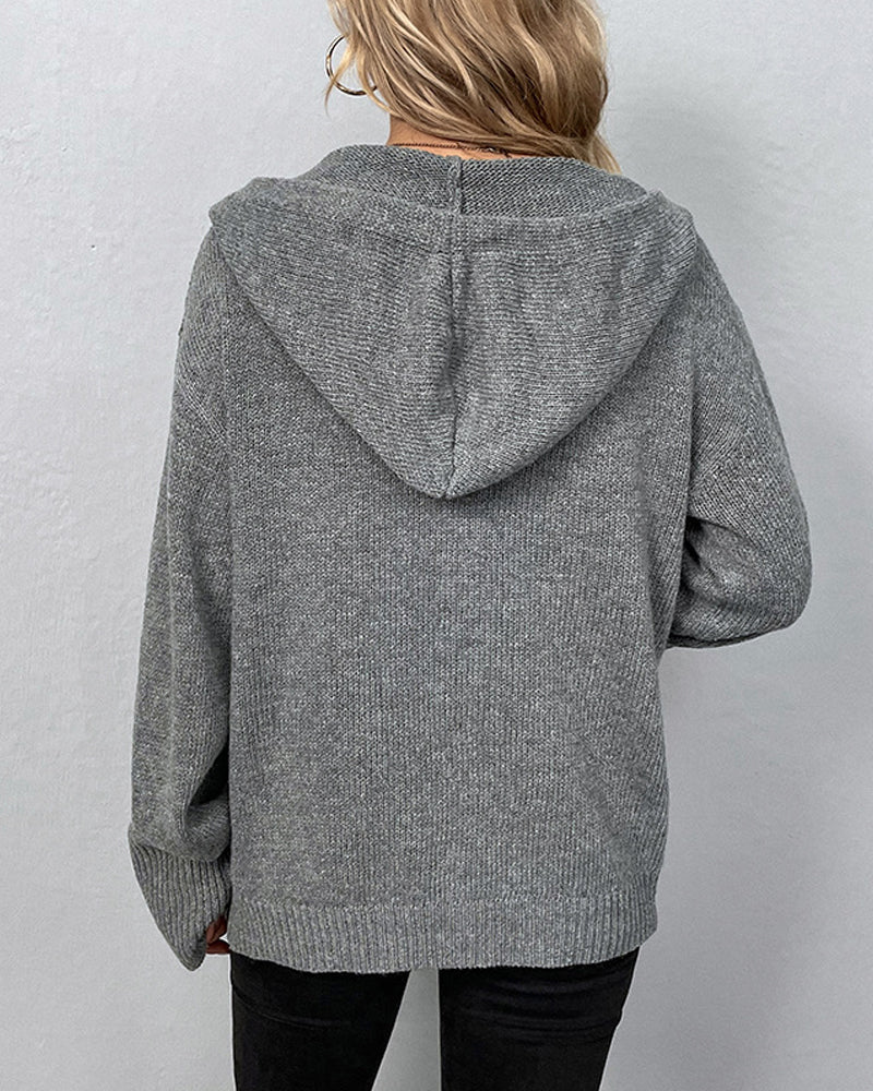 Cardigans med snørehætte og store kontrastknapper - Grå #Farve_Grå