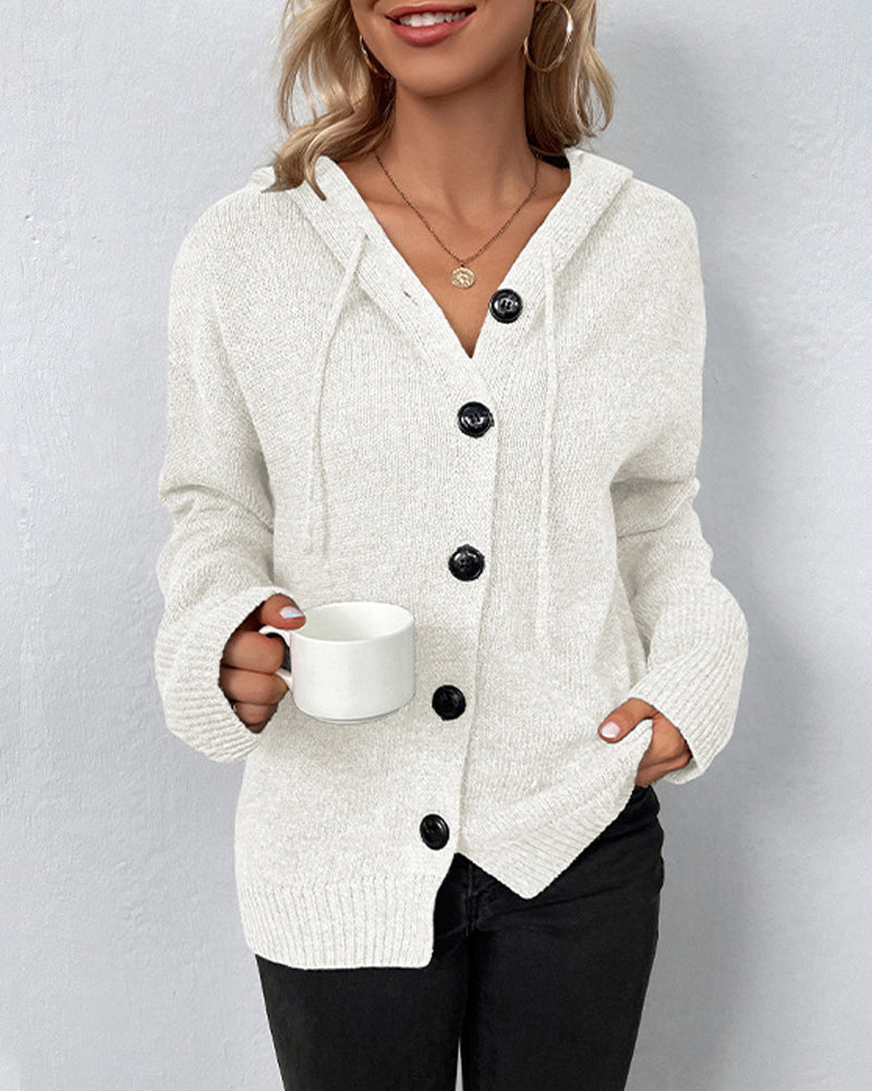 Cardigans med snørehætte og store kontrastknapper - Hvid #Farve_Hvid