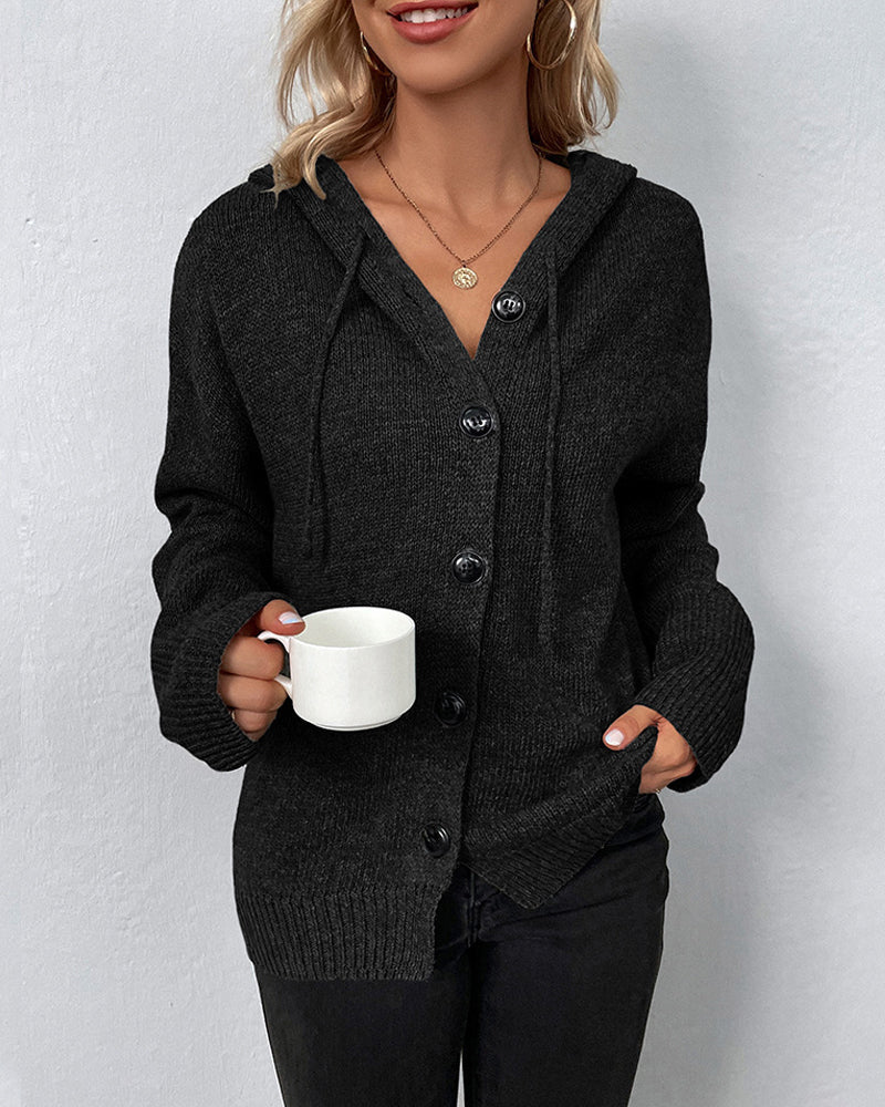 Cardigans med snørehætte og store kontrastknapper - Sort #Farve_Sort