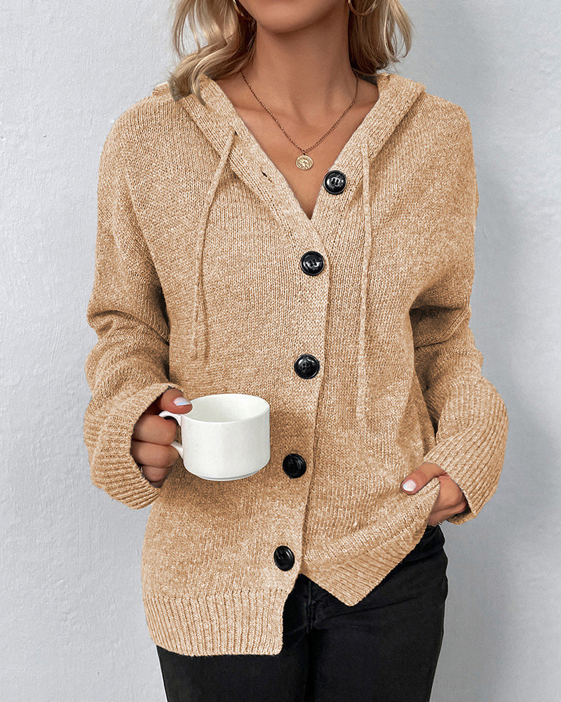 Cardigans med snørehætte og store kontrastknapper - Khaki #Farve_Khaki