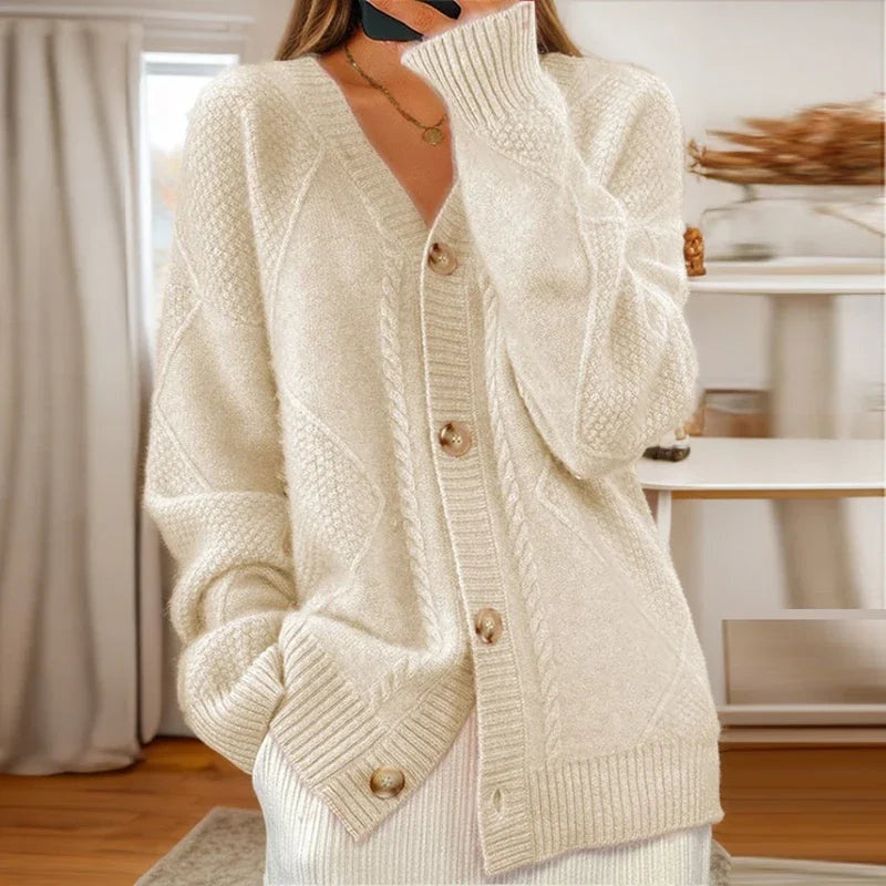 Cardigans med V-hals og blanke knapper på manchetterne - Beige #Farve_Beige