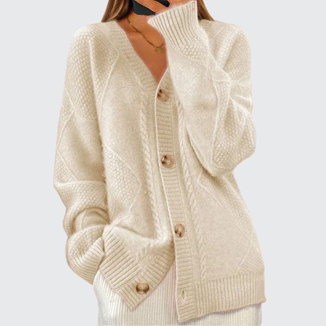 Cardigans med V-hals og blanke knapper på manchetterne - Beige #Farve_Beige