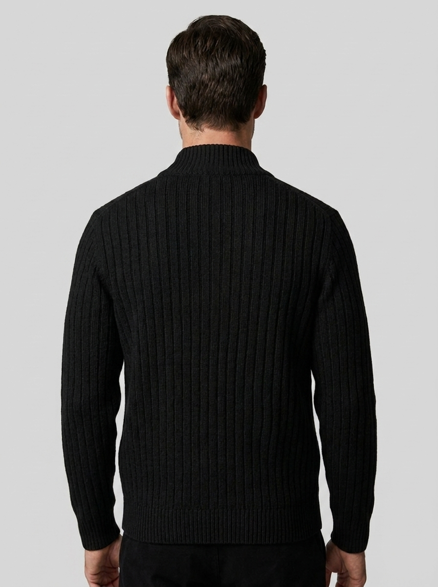 Cardigans til mænd med lodret rib, lynlås og ståkrave - Sort #Farve_Sort