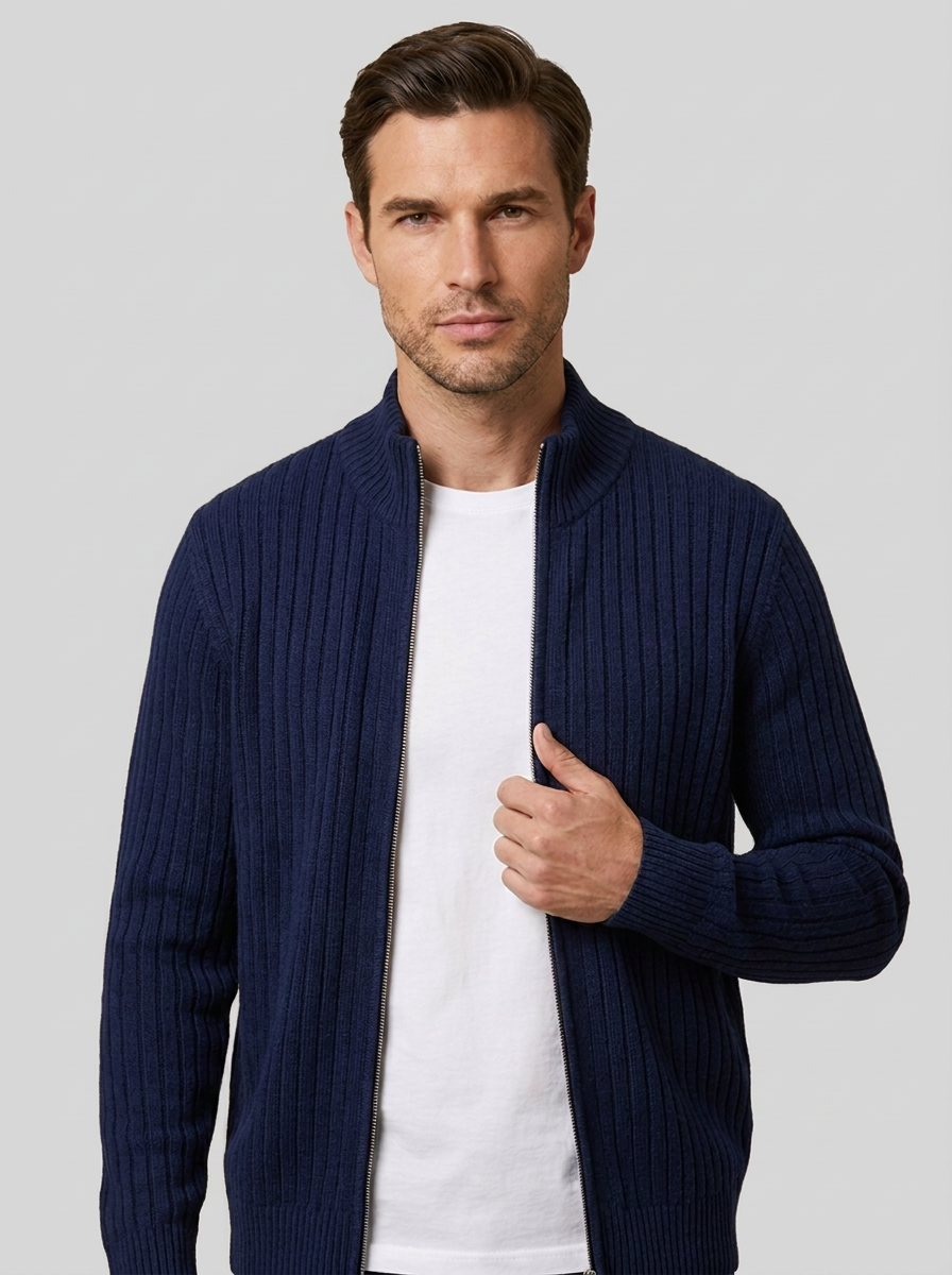 Cardigans til mænd med lodret rib, lynlås og ståkrave - Marineblå #Farve_Marineblå