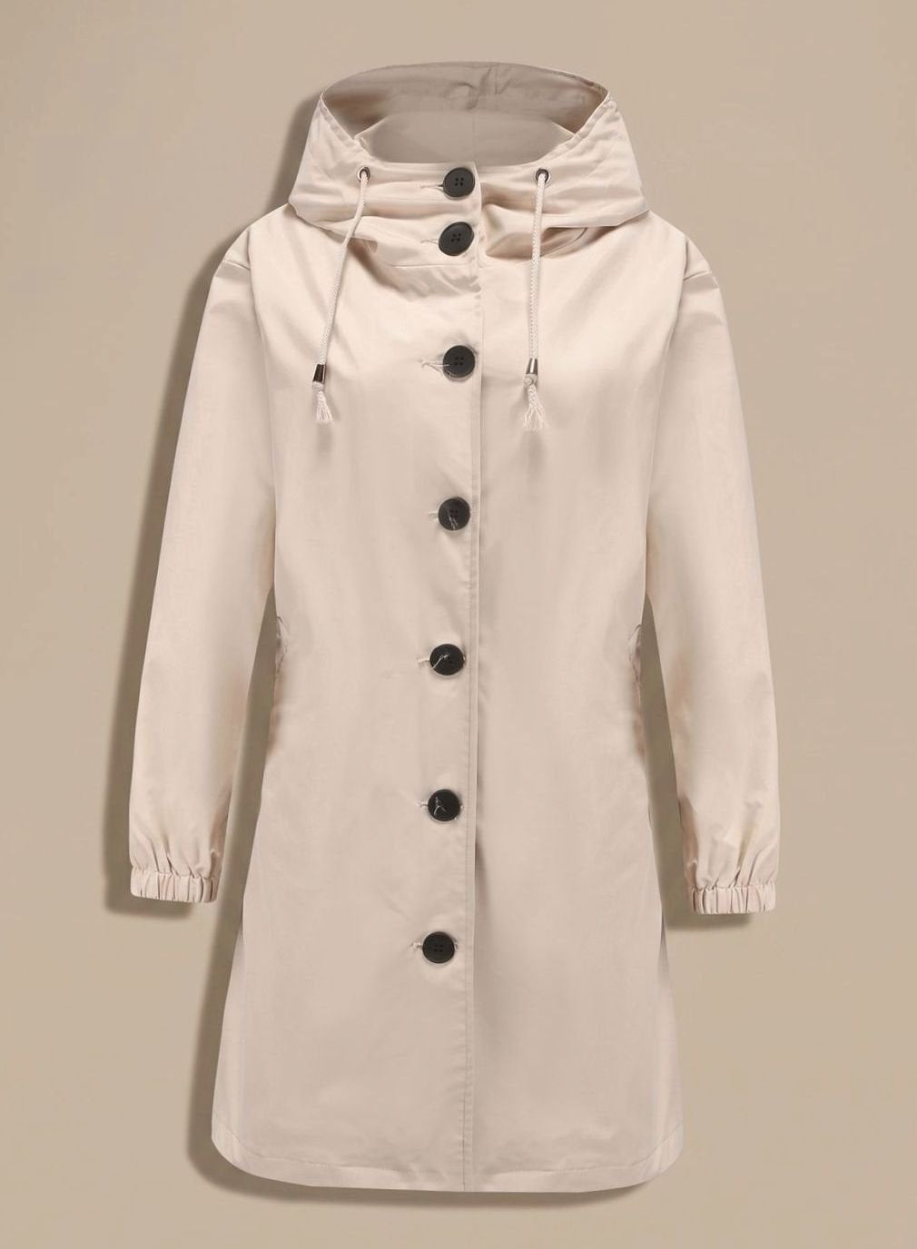 Frakker med hætte, store knapper og skrå klaplommer - Beige #Farve_Beige