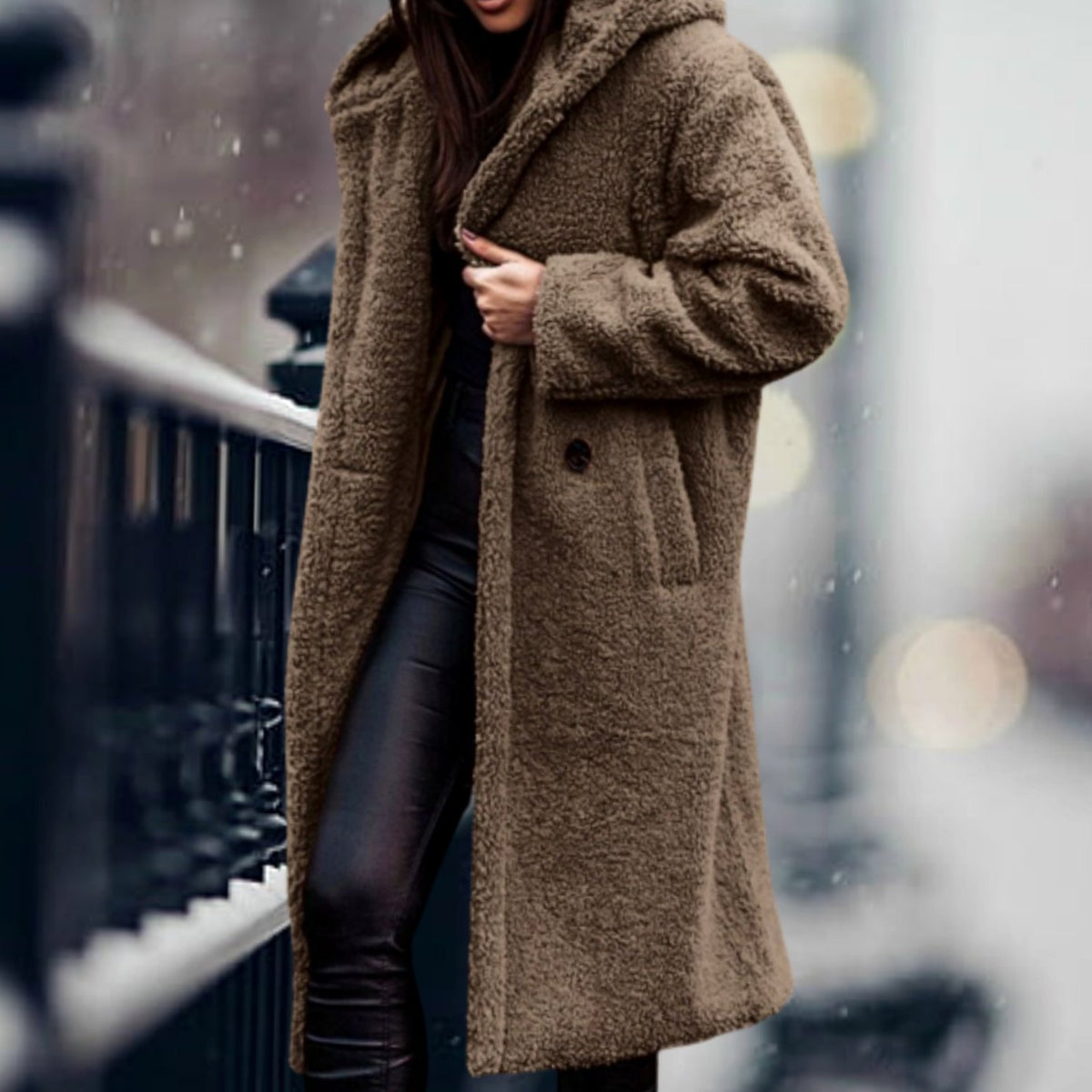 Frakker med lodden struktur, brede revers og sidelommer - Khaki #Farve_Khaki