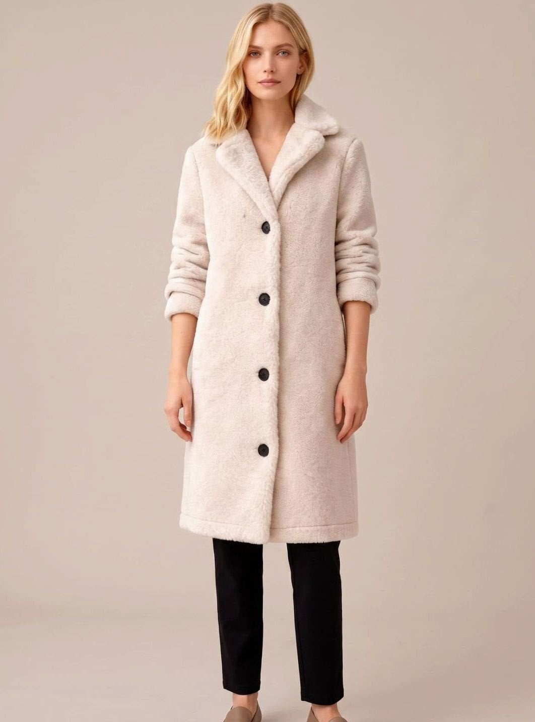 Frakker med lodden struktur, knapper og brede revers - Creme #Farve_Creme