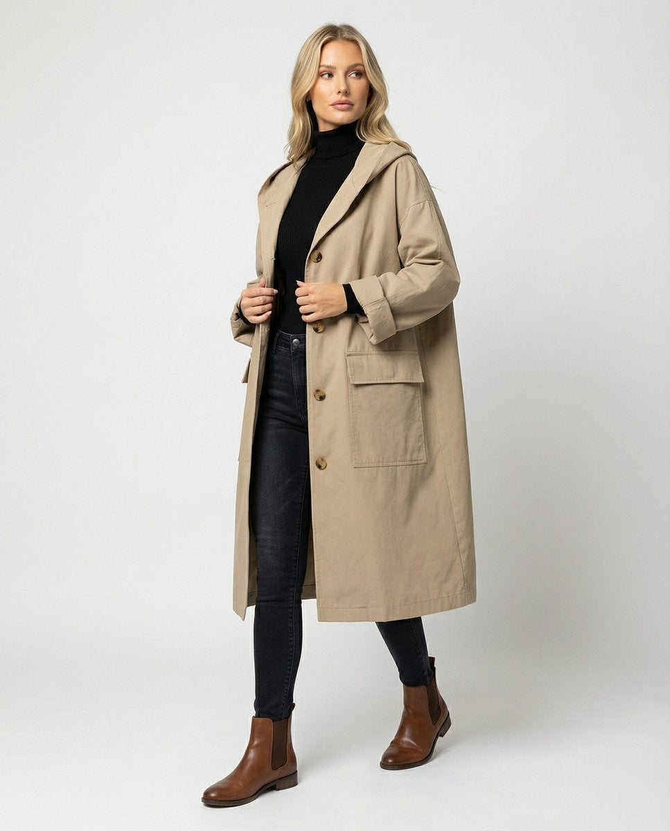 Frakker med stor hætte og påsyede firkantede lommer - Beige #Farve_Beige
