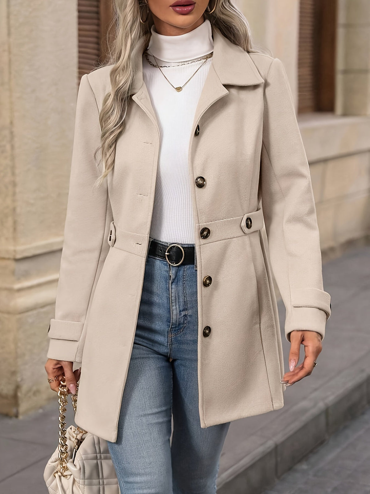 Frakker med taljestropper og brede nedliggende kraver - Beige #Farve_Beige