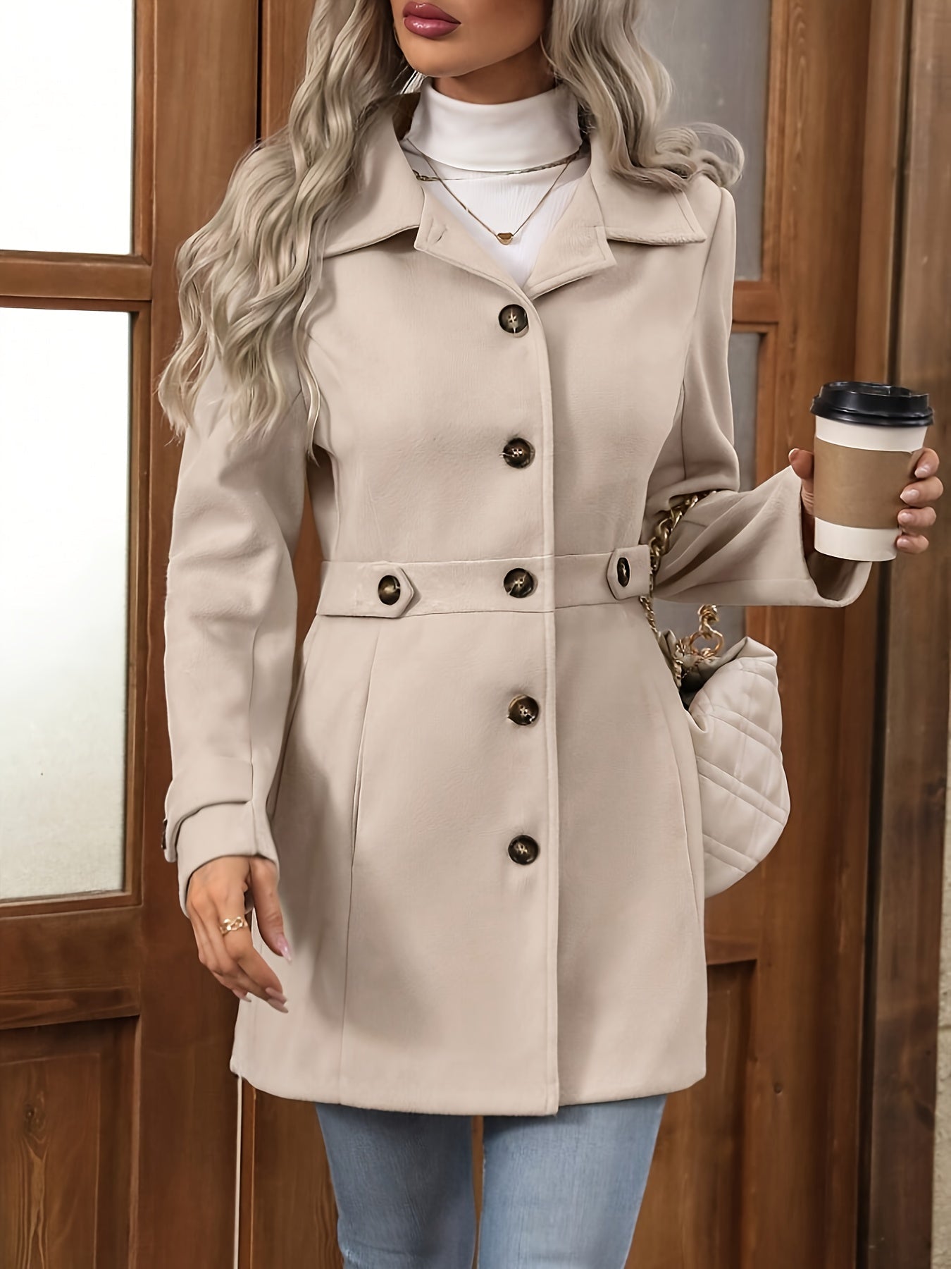 Frakker med taljestropper og brede nedliggende kraver - Beige #Farve_Beige