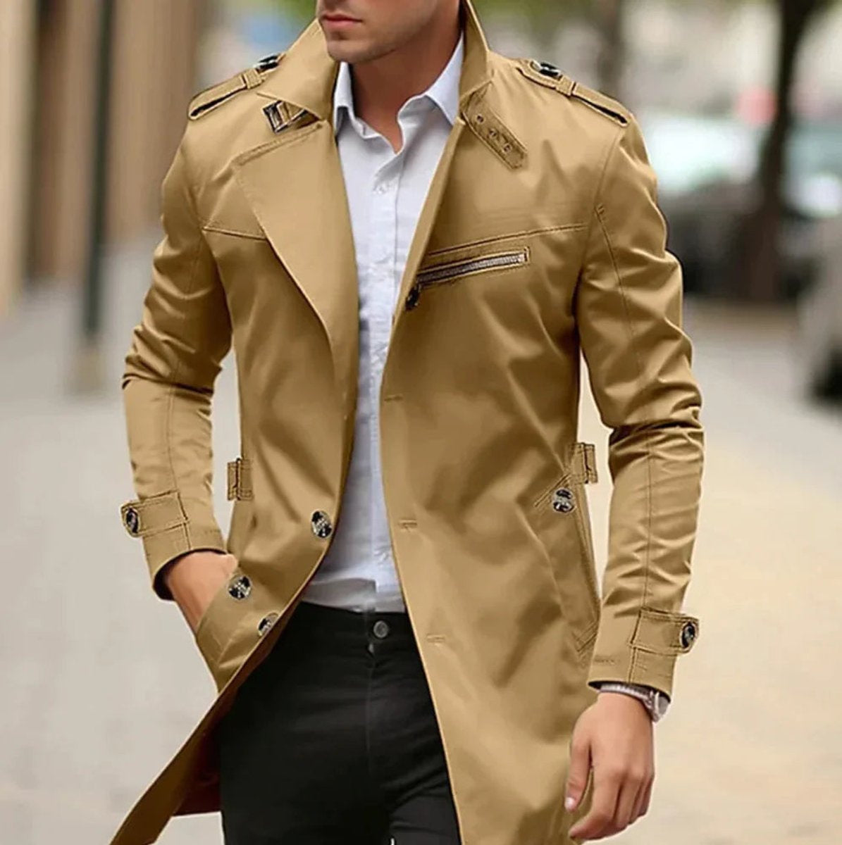 Frakker til mænd med skulderstropper og brystlynlås - Mørk beige #Farve_Mørk beige