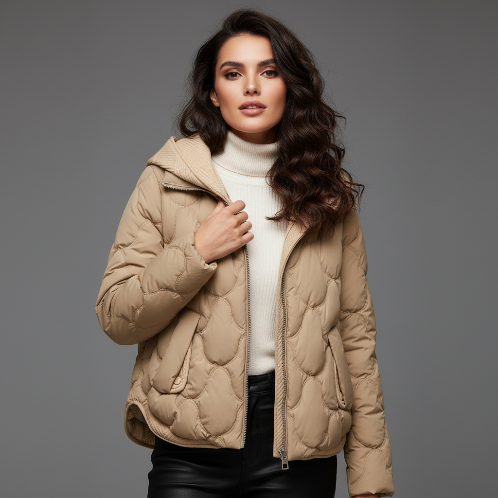 Jakker med bølgede quiltfelter og bred ribstrikket hætte - Khaki #Farve_Khaki