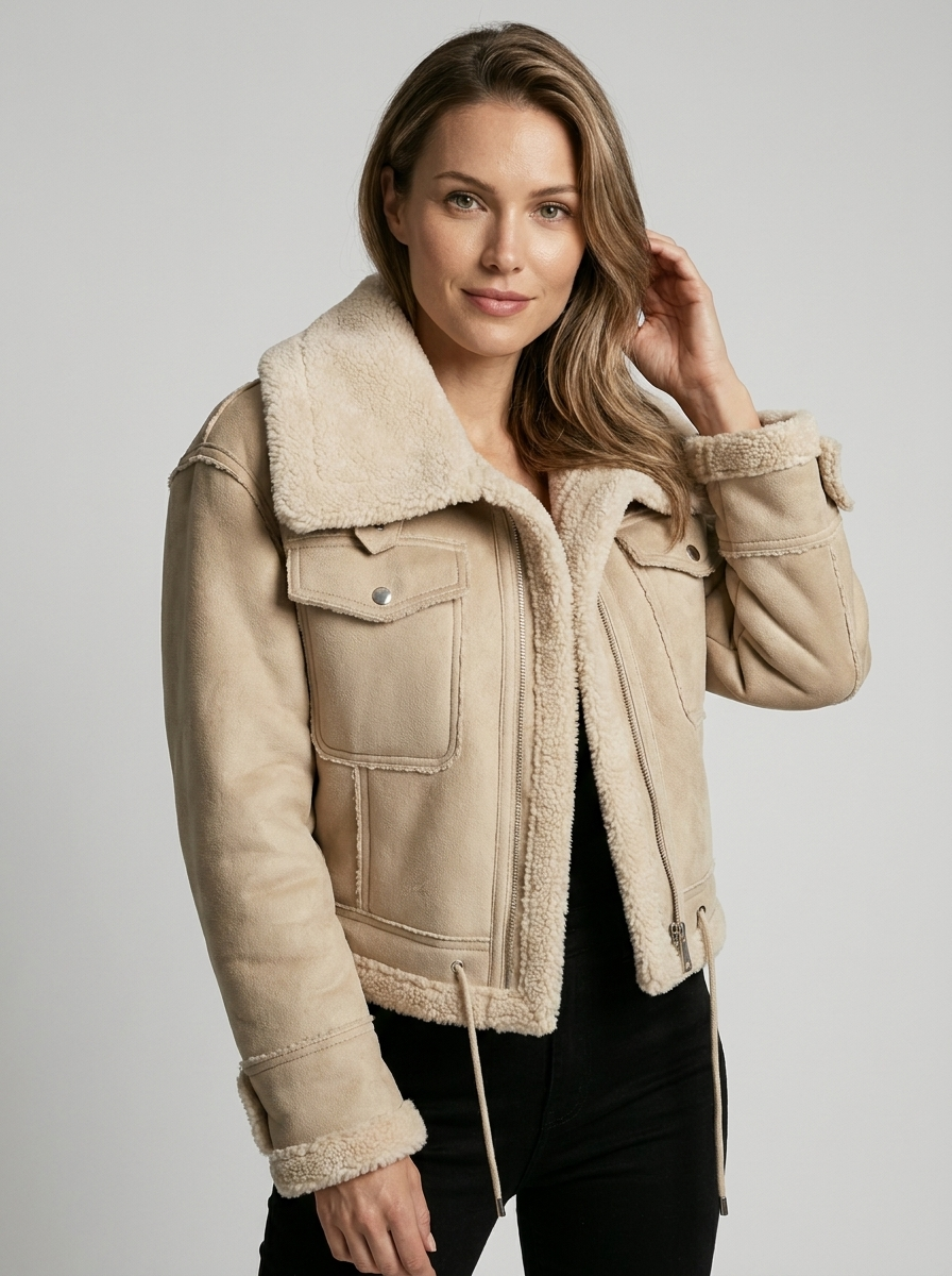 Jakker med lodden krave, brystlommer og kontrastsømme - Beige #Farve_Beige
