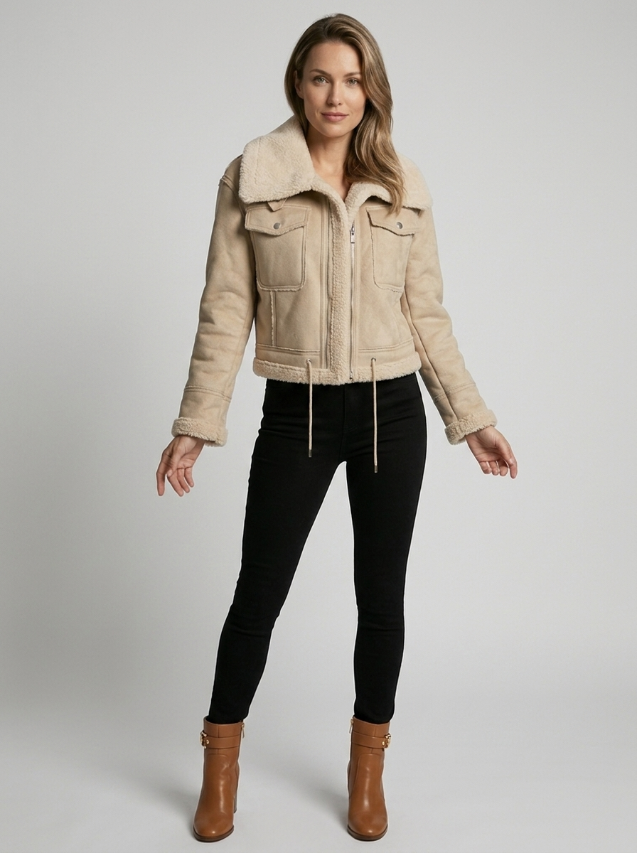 Jakker med lodden krave, brystlommer og kontrastsømme - Beige #Farve_Beige